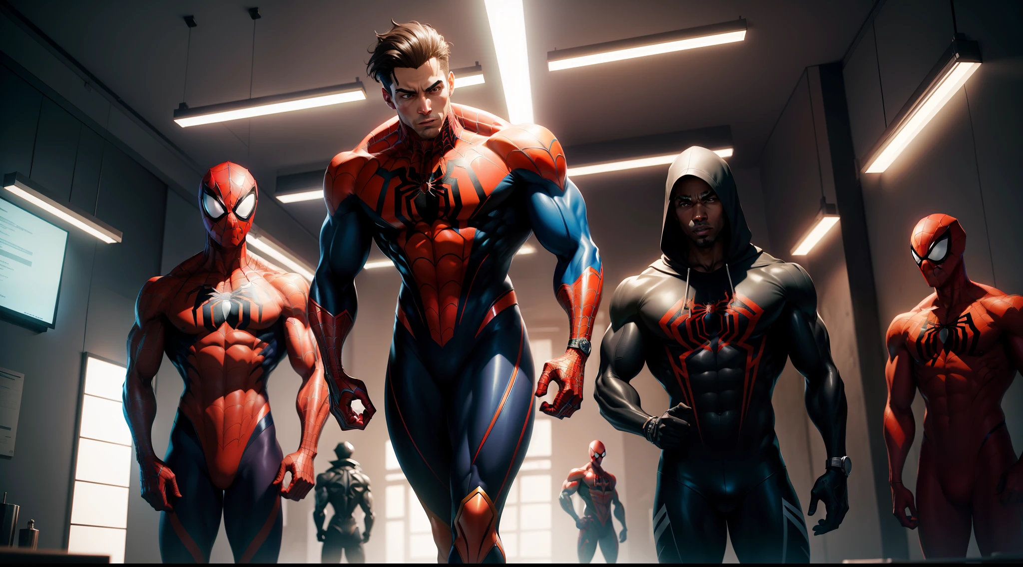 spider man bodybuilder - spider - man and spider - man in a dark gym, spider - verse art style, into the spiderverse, spiderverse, into the spider verse, futuristic style spiderman, miles morales!!!, 3840 x 2160, 3840x2160, miles morales, hq 4k wallpaper, rendered in sfm, super detailed render