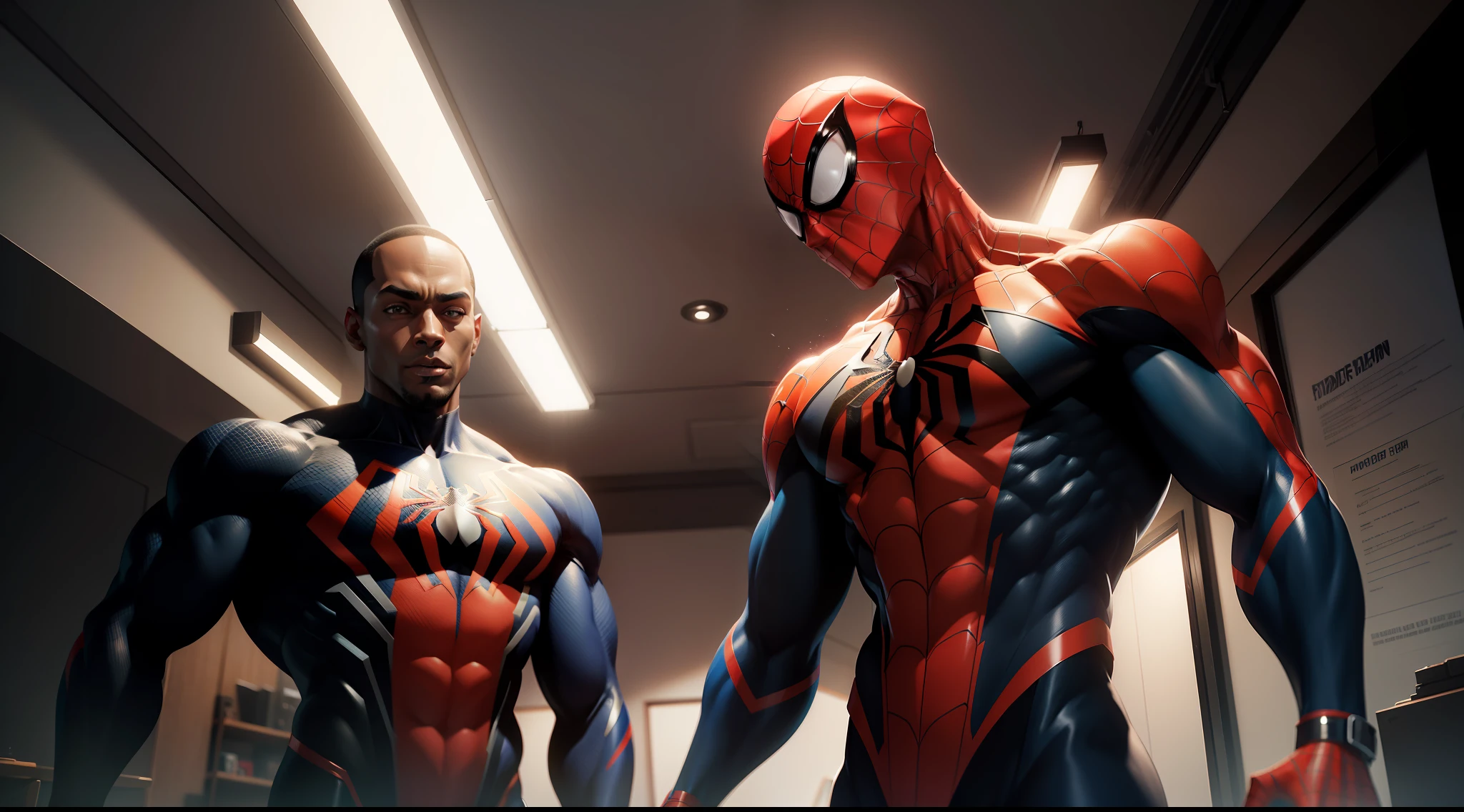 spider man bodybuilder - spider - man and spider - man in a dark gym, spider - verse art style, into the spiderverse, spiderverse, into the spider verse, futuristic style spiderman, miles morales!!!, 3840 x 2160, 3840x2160, miles morales, hq 4k wallpaper, rendered in sfm, super detailed render