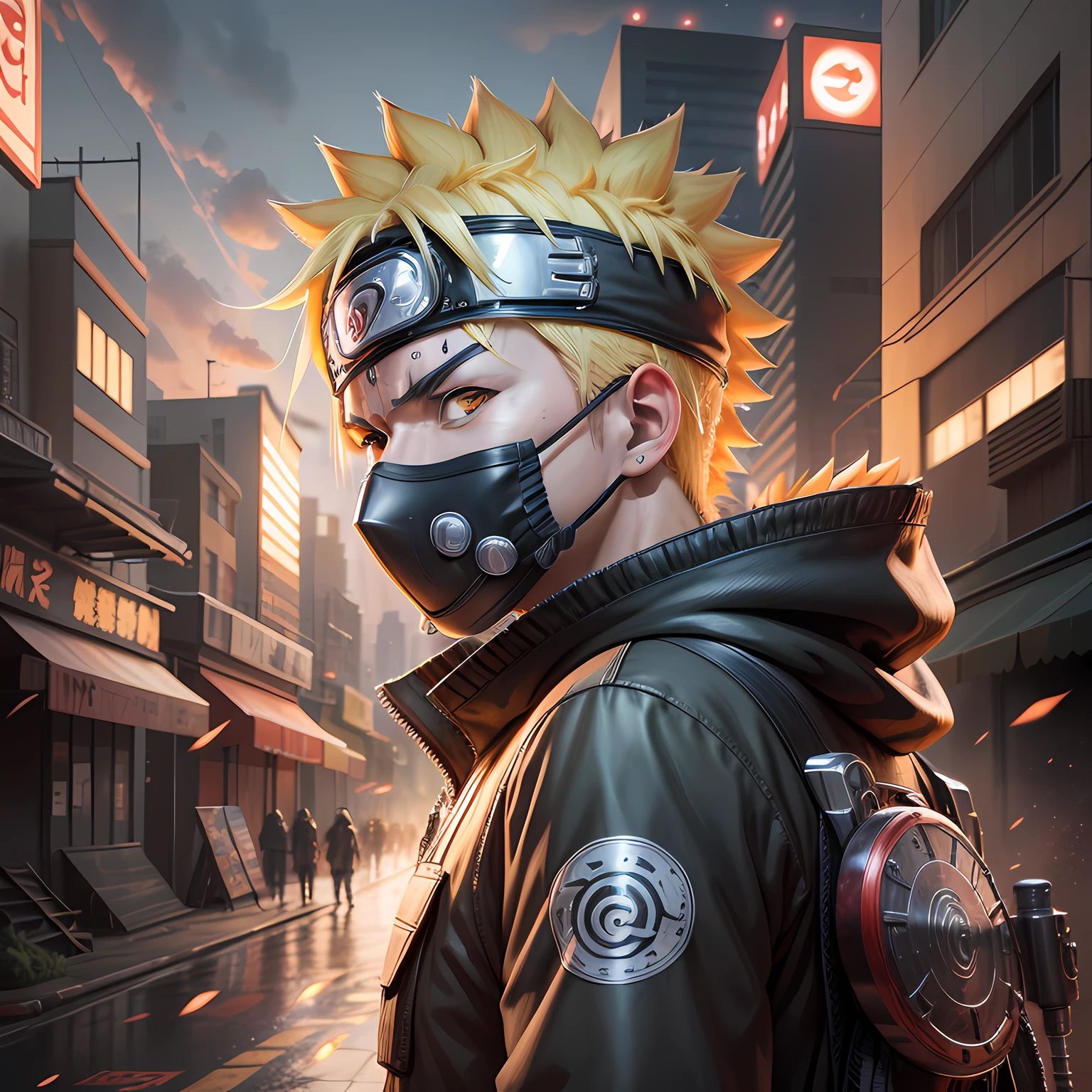 Naruto Uzumaki, ultra detail, high resolution, ultra detailed, best quality, amazing, top quality, extremely detailed CG 8k wallpaper unit, cinematic lighting, cyberpunk, dark boy, trash gang face mask