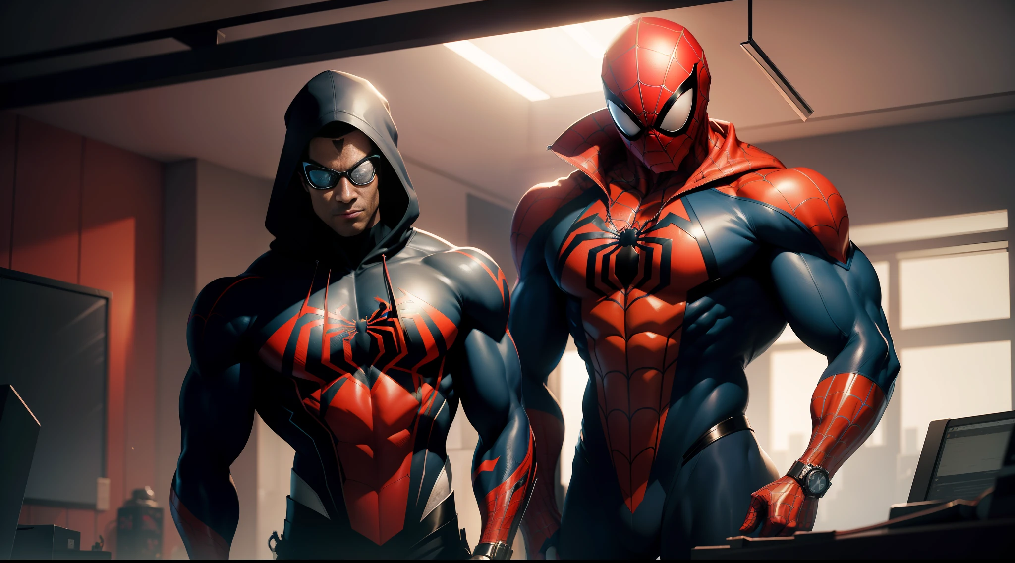 spider man bodybuilder - spider - man and spider - man in a dark gym, spider - verse art style, into the spiderverse, spiderverse, into the spider verse, futuristic style spiderman, miles morales!!!, 3840 x 2160, 3840x2160, miles morales, hq 4k wallpaper, rendered in sfm, super detailed render