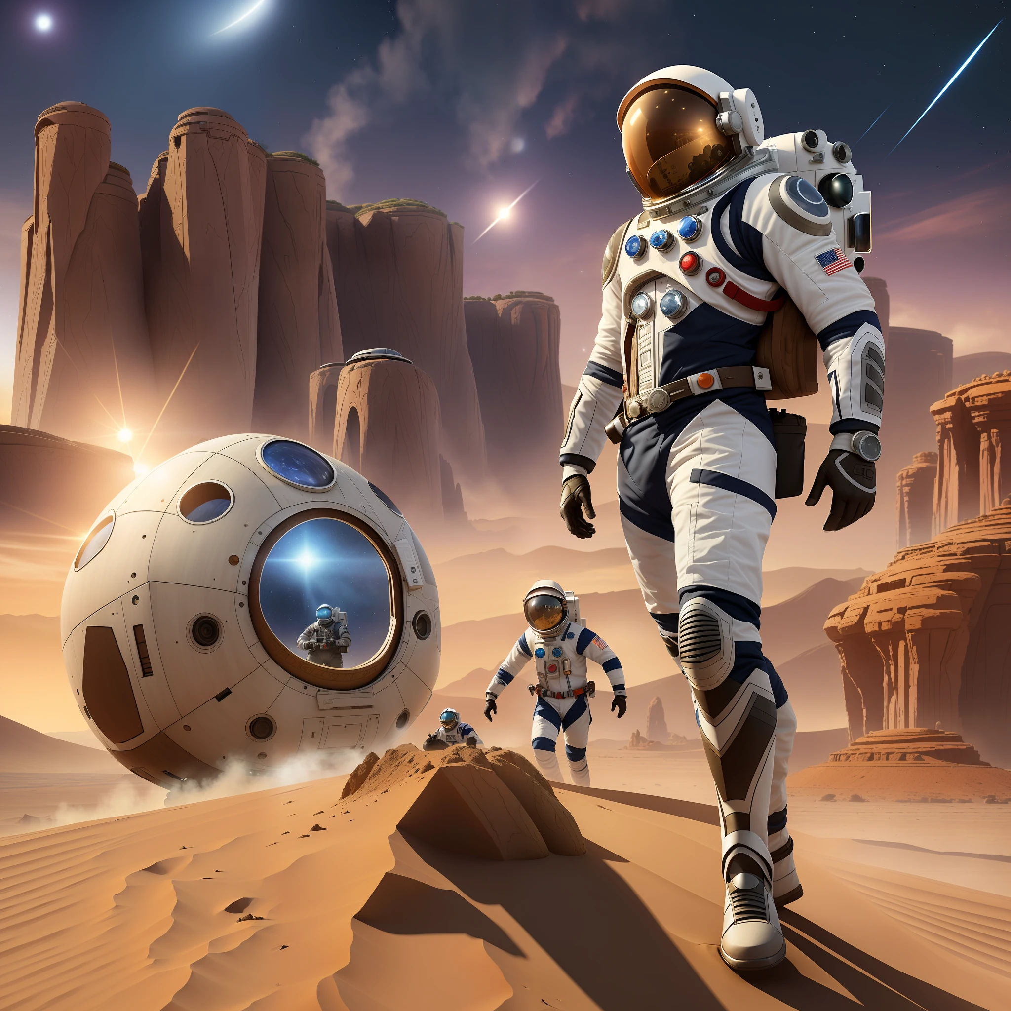 /upscale

Poster, 3D, realistic, the background is a Martian landscape, the characters Commander Lydia Sampaio, Engineer Luca Rossi, Biologist Dr. James Washington, Doctor Dr. Amara Patel, Geologist Dr. Liu Wei, and Psychologist Dr. Sofie Eriksson are in the center of the picture, dressed in astronaut suits. Each character should reflect their nationality and profession. Movie-level light and shadow, super details, front and rear space sense is obvious, the picture should have impact --auto --s2