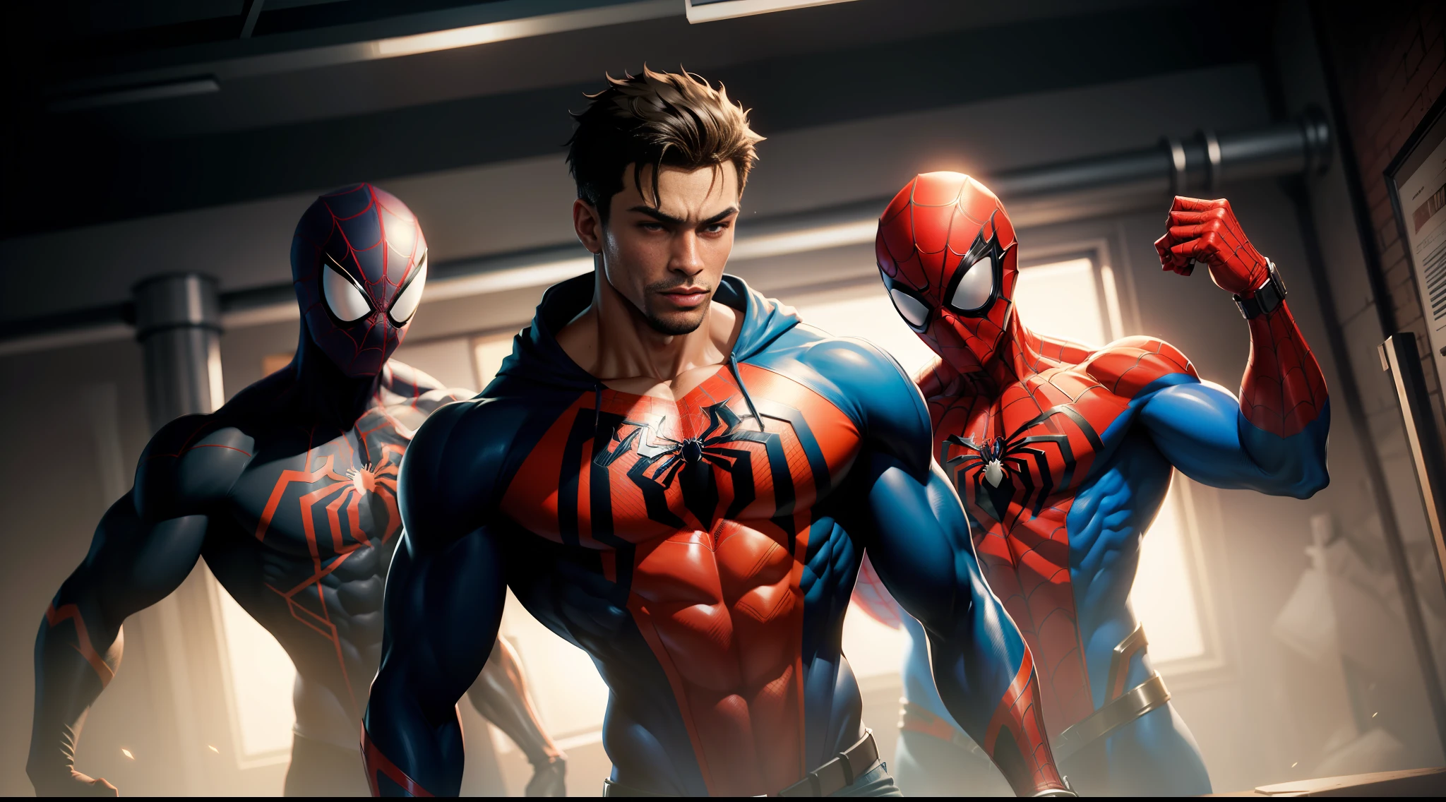 spider man bodybuilder - spider - man and spider - man in a dark gym, spider - verse art style, into the spiderverse, spiderverse, into the spider verse, futuristic style spiderman, miles morales!!!, 3840 x 2160, 3840x2160, miles morales, hq 4k wallpaper, rendered in sfm, super detailed render
