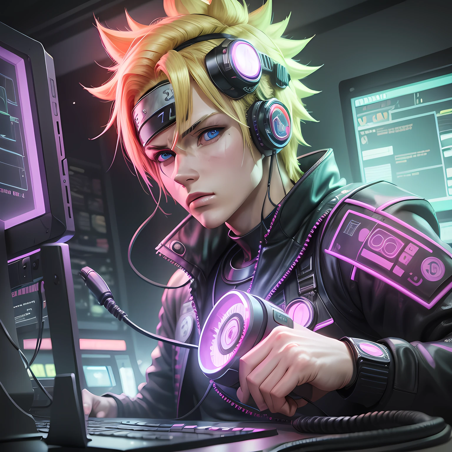 ((Best quality)), ((masterpiece)), (highly detailed: 1.3), 3D, NeonNoir, Naruto Uzumaki cyberpunk, man, blond hair, blue eyes (using the head mounted display that is thick and hi-tech: 1.2), using a cover, hacking a computer terminal, PURPLE NEON MONITOR LIGHT, GREEN NEON SIGNS ON THE WALL,