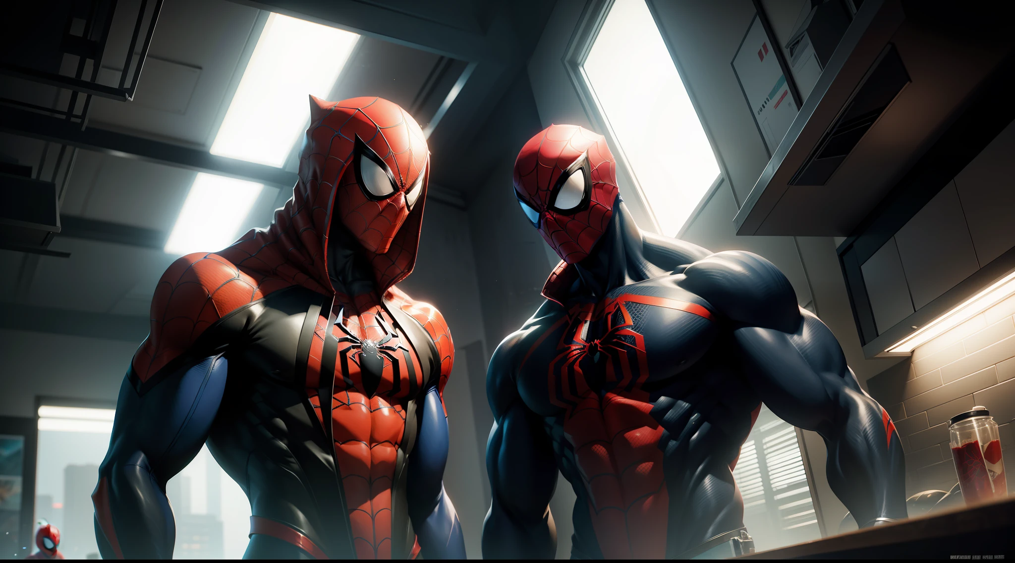 spider man bodybuilder - spider - man and spider - man in a dark gym, spider - verse art style, into the spiderverse, spiderverse, into the spider verse, futuristic style spiderman, miles morales!!!, 3840 x 2160, 3840x2160, miles morales, hq 4k wallpaper, rendered in sfm, super detailed render