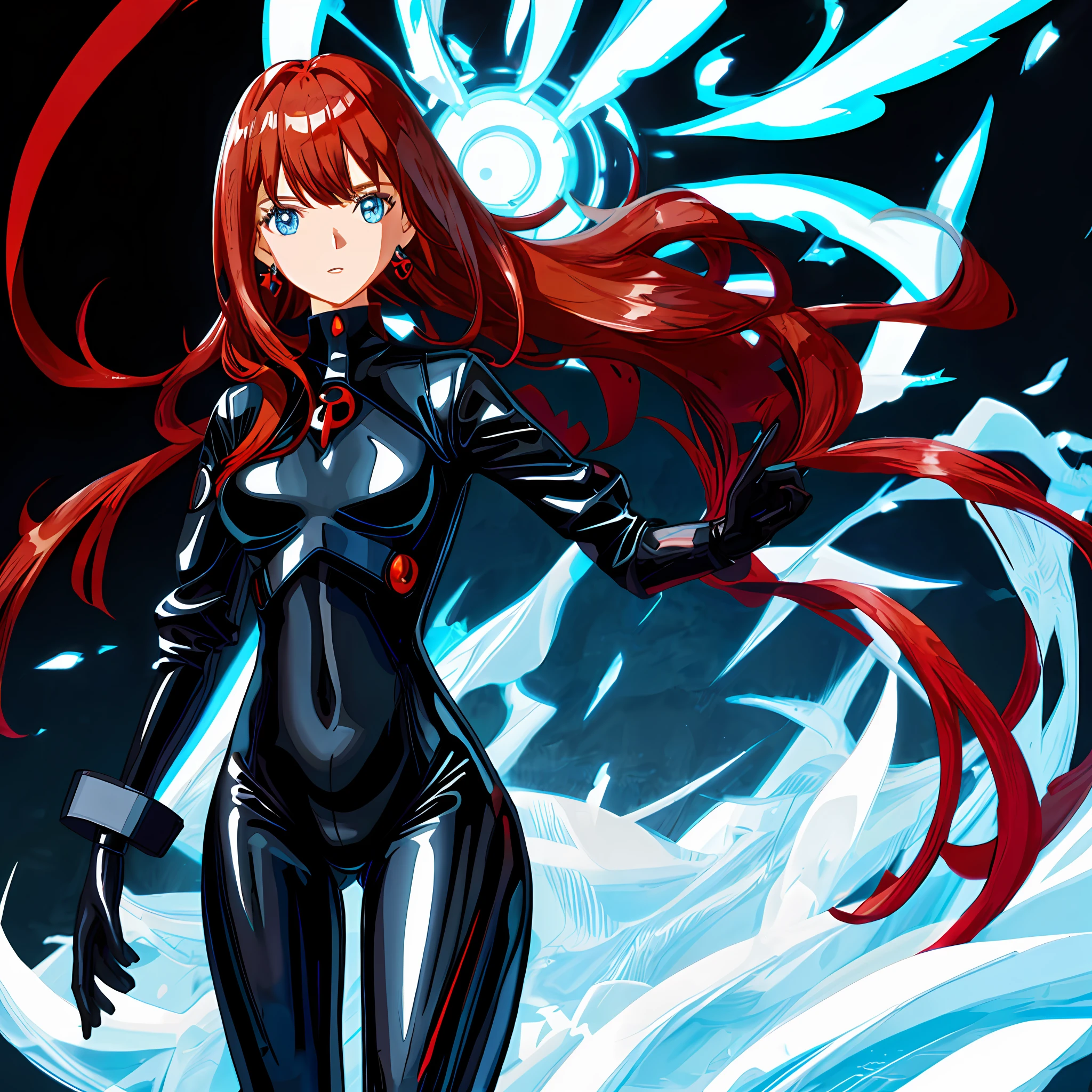 1girl, breasts, long hair, solo, blue eyes, latex, looking at viewer, red hair, skin tight, fire, parted lips, bodysuit, covered, shiny clothes, black bodysuit, covered navel, black background, very long hair, cowboy shot, shiny, medium breasts, latex bodysuit, gloves, bangs, black gloves, earrings, impossible clothes, jewelry