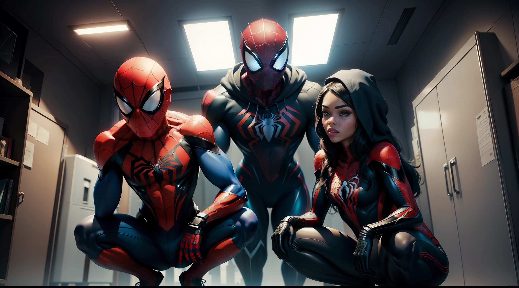 woman spider man bodybuilder - spider - man and spider - man in a dark room, spider - verse art style, into the spiderverse, spiderverse, into the spider verse, futuristic style spiderman, miles morales!!!, 3840 x 2160, 3840x2160, miles morales, hq 4k wallpaper, rendered in sfm, super detailed render