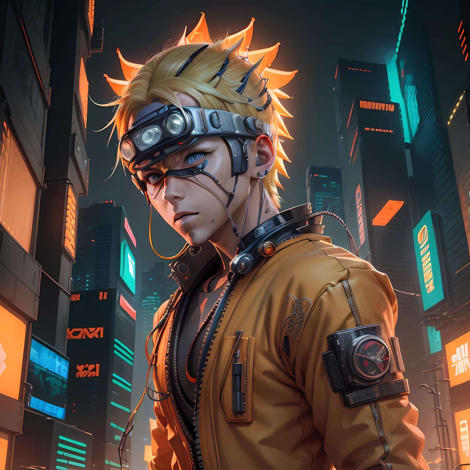 Naruto Uzumaki, masterpiece, realistic, realistic details, detailed, (((solo, blonde hair, full body, cyborg, using head mounted display, orange jumpsuit, futuristic, cyberpunk, neon light, intricate details, two-point perspective, detailed environment, view of apartment cityscape, sharp focus, depth of field))) (ulzzang-6500-v1.1:0.2)