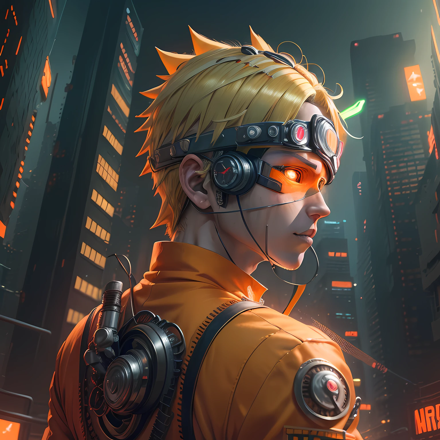 Naruto Uzumaki, masterpiece, realistic, realistic details, detailed, (((solo, blonde hair, full body, cyborg, using head mounted display, orange jumpsuit, futuristic, cyberpunk, neon light, intricate details, two-point perspective, detailed environment, view of apartment cityscape, sharp focus, depth of field))) (ulzzang-6500-v1.1:0.2)