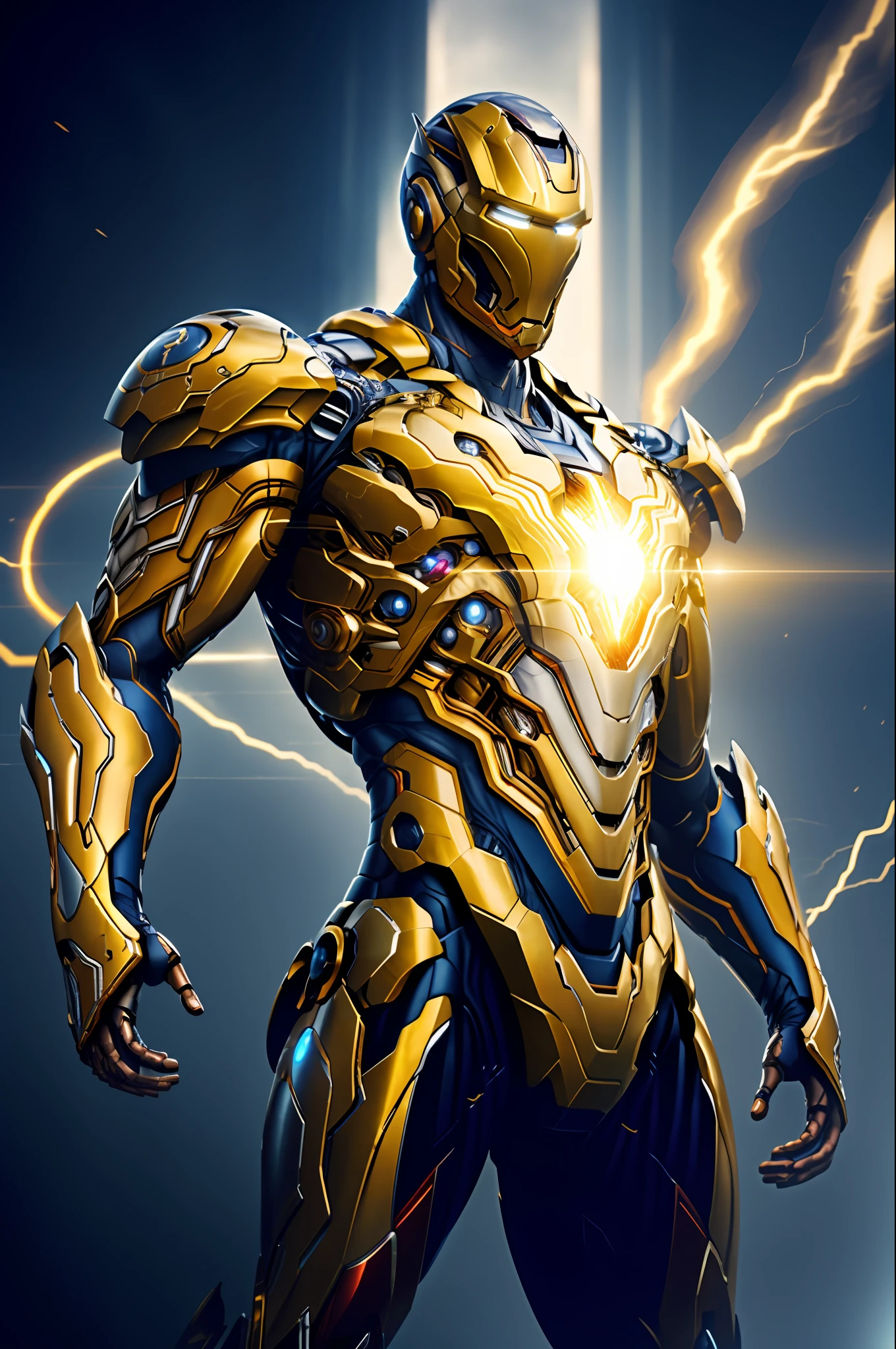 Iron man bright, golden, reflective eyes, sun, blue sky,
diffuse lighting,
best quality, masterpiece,
digital painting, 8K, artstation, intricate details, electrical discharges, mist, masterpiece