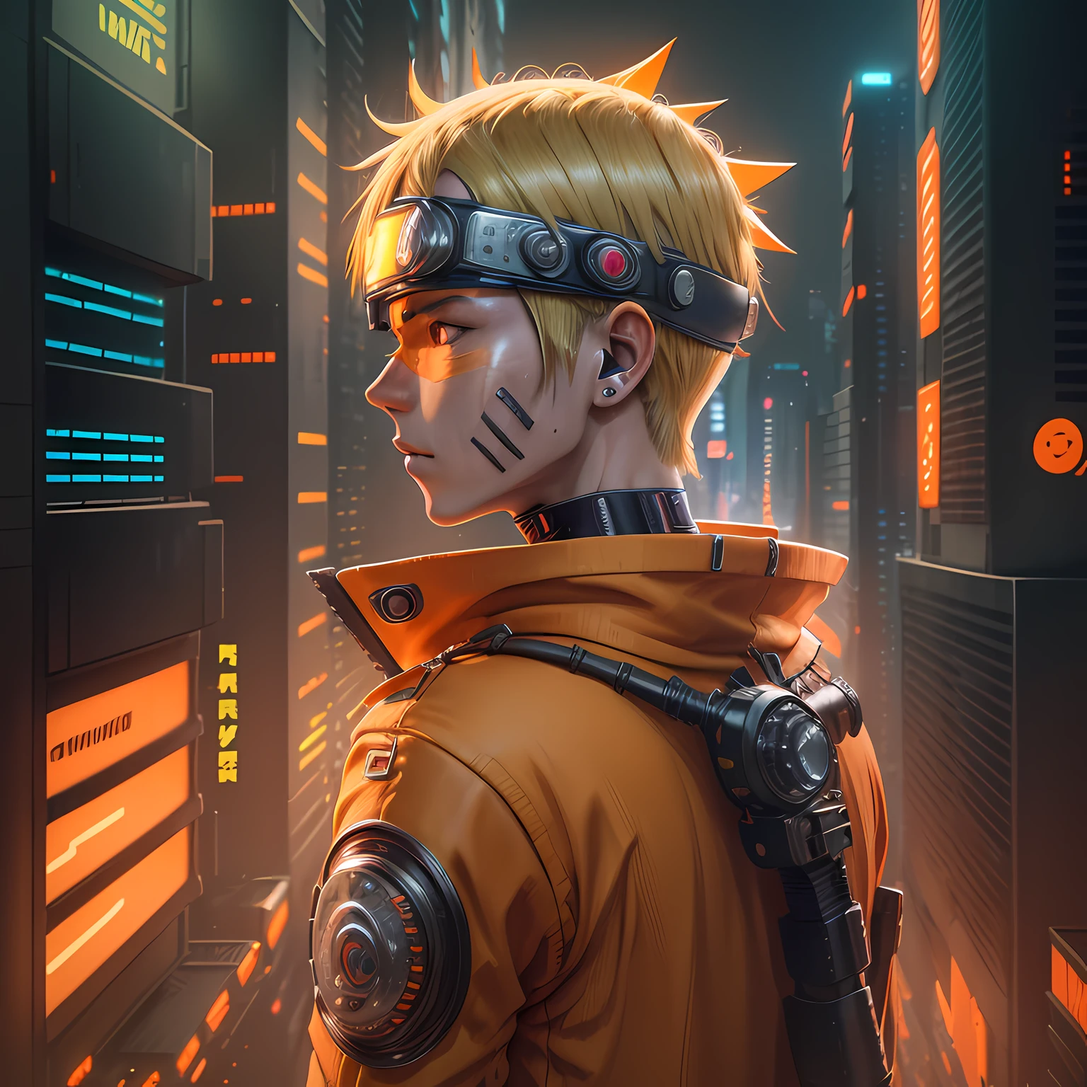 Naruto Uzumaki, masterpiece, realistic, realistic details, detailed, (((solo, blonde hair, full body, cyborg, using head mounted display, orange jumpsuit, futuristic, cyberpunk, neon light, intricate details, two-point perspective, detailed environment, view of apartment cityscape, sharp focus, depth of field))) (ulzzang-6500-v1.1:0.2)