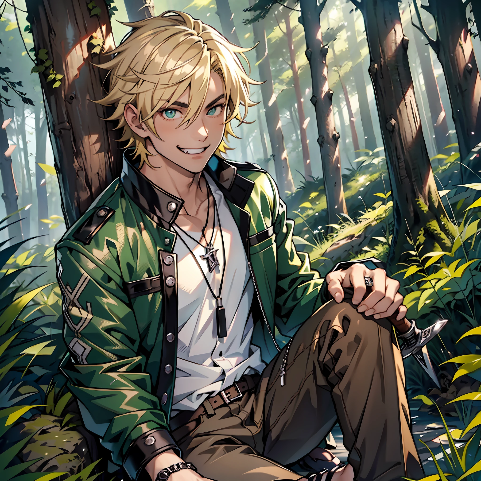 Teenage anime boy, black jacket, blouse with ink stains underneath jacket, long green colored pants, black sandals, checkered shirt, sword pendant on silver cord, straight blonde hair, short hair, caramel colored eyes, smile with sample fangs, brown skin, illuminated forest scenery.