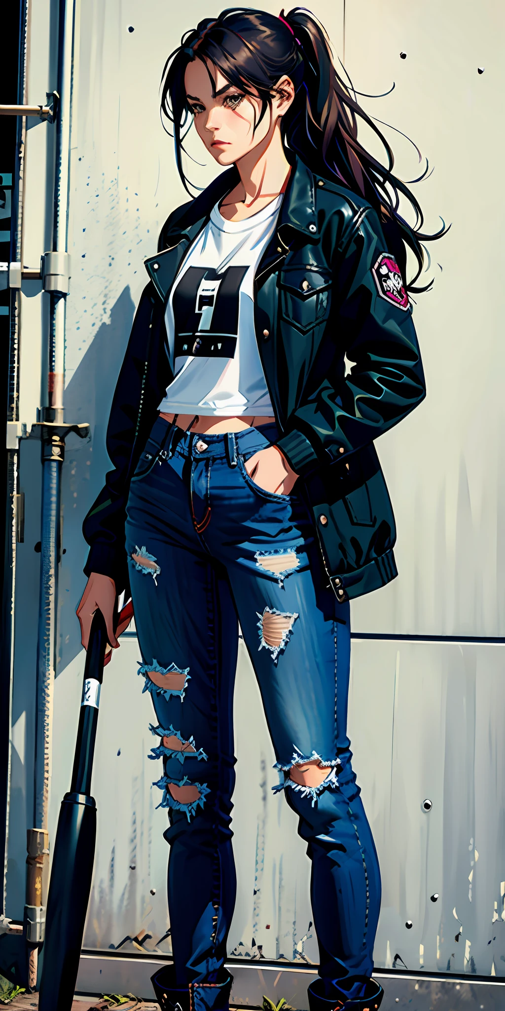 Woman, serious face, long punk hair, plaid jacket, jeans, holding wooden club