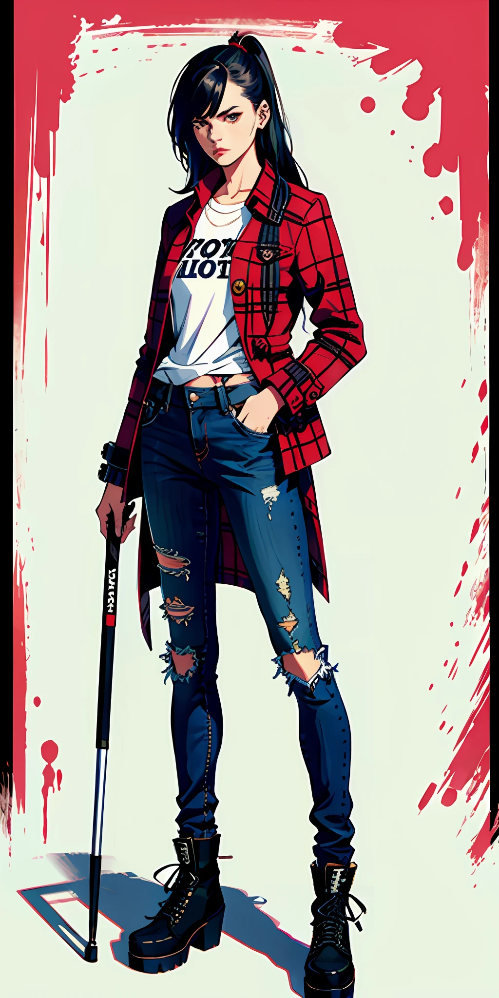Woman, serious face, long punk hair, plaid jacket, jeans, holding wooden club