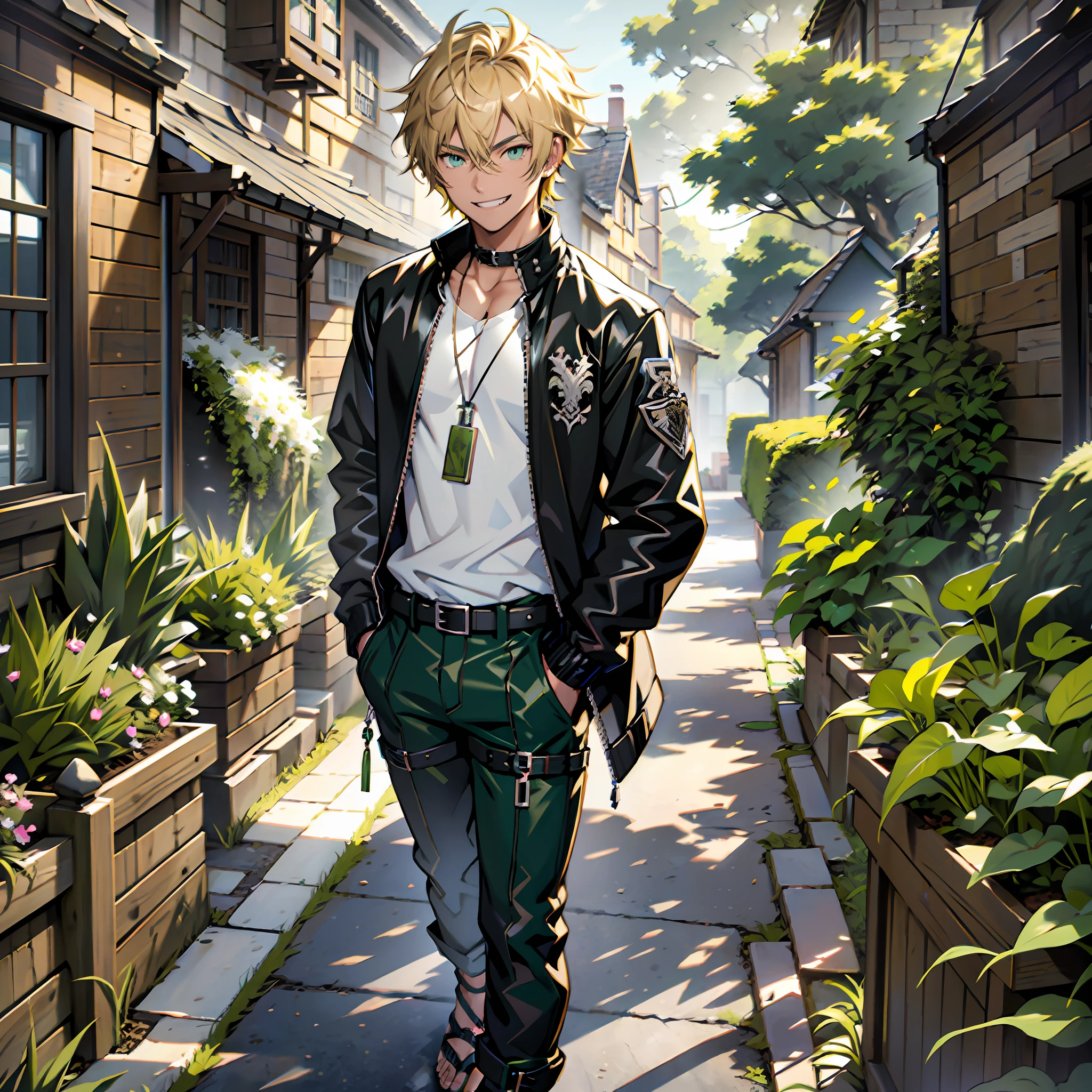 Teenage anime boy, black jacket, blouse with paint stains underneath jacket, long green colored pants, black sandals, checkered shirt, sword pendant on silver cord, straight blonde hair, short hair, caramel colored eyes, smile with sample fangs, brown skin, scenery around animals in a garden.