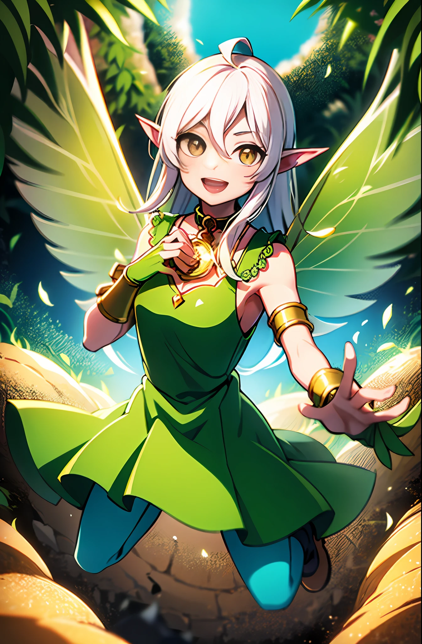 Anime fairy girl, long white hair, small green wings on her ears, big green wings on her back, green clothes on her hands, green gloves, yellow bracelets on her hands, ruby amulet around her neck, green dress, green robe with yellow border, green boots, big yellow eyes, smiles, open mouth, surprise, cute, beautiful, on a desert background, beautiful colors, saturated colors, beautiful shader, 4k, 3d, two legs
