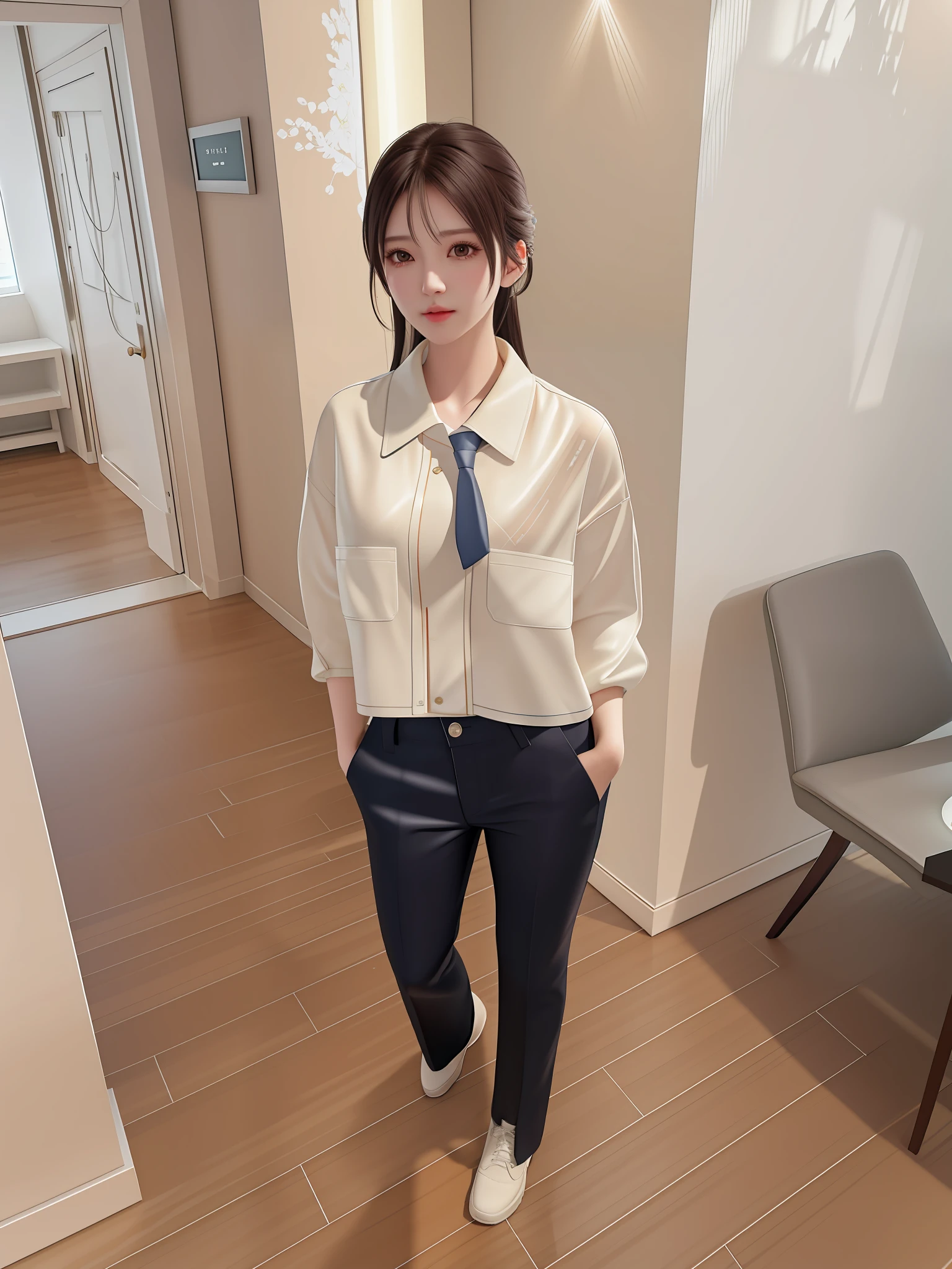 There is a woman standing in a room, wearing a tie, cropped shirt and jacket, wearing a shirt, cream shirt, jia, overalls, tsubame, white shirt, white silk clothing, Yoshitomo Nara, style by Emma Andijewska, Chie Yoshii, Chen Xintong, exclusive, collared shirt, best quality, masterpiece, high resolution, 1girl, beautiful face, tyndall effect, realistic, edge lighting, two-tone lighting, (high detail skin: 1.2), 8k UHD, DSLR, soft lighting, high quality, volumetric lighting, frankness, photo, high resolution, 4k, 8k, bokeh, detail enhancement