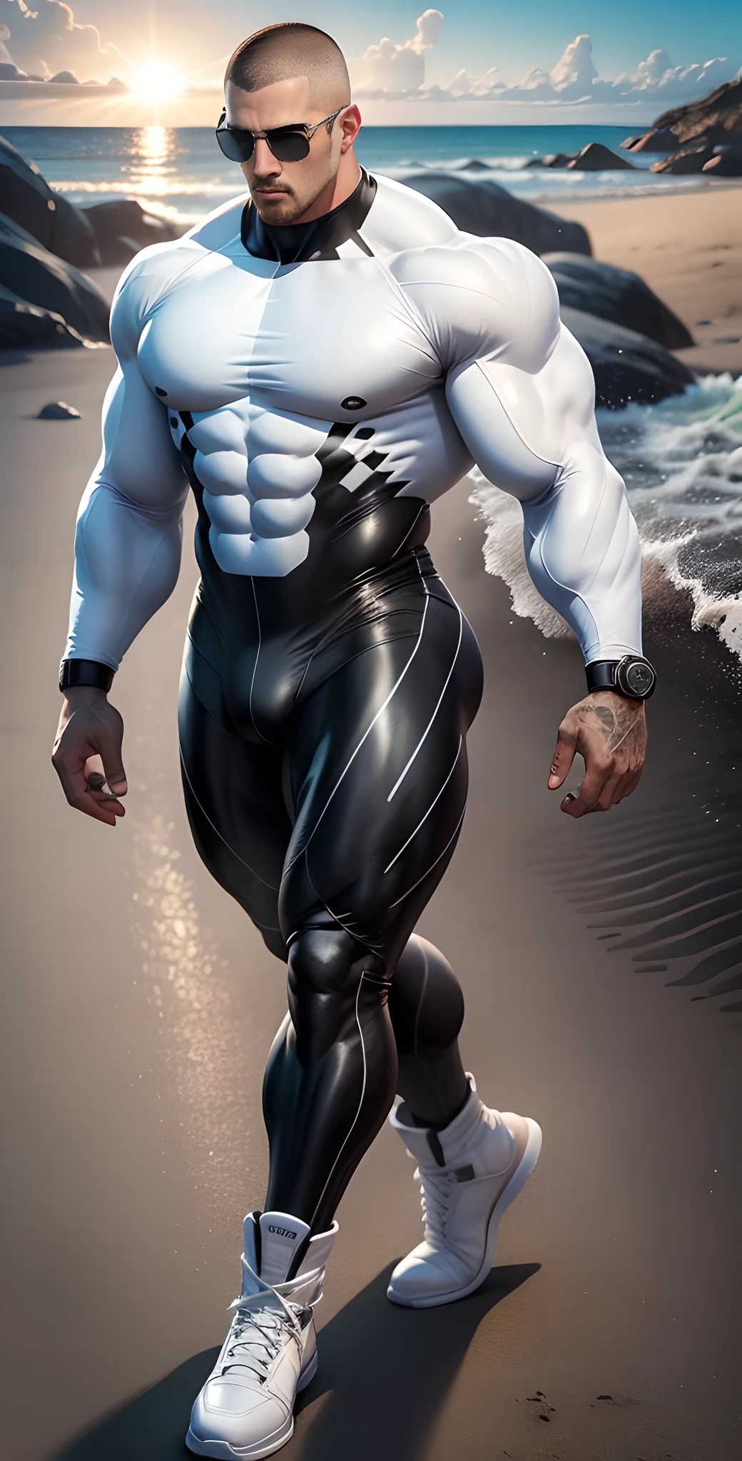 Allad man in white and black clothes standing on the sunny seashore, American round head, Buzz Cut, tall and burly, muscular male hero, heroic male pose, muscular! Wearing black sunglasses, spandex tight high elastic bodysuit, symmetrical floral design, super buff and cool, high resolution committee, character design police, black military boots, attractive strong male with spandex tight high elastic bodysuit, weaving hot sunlight on the body