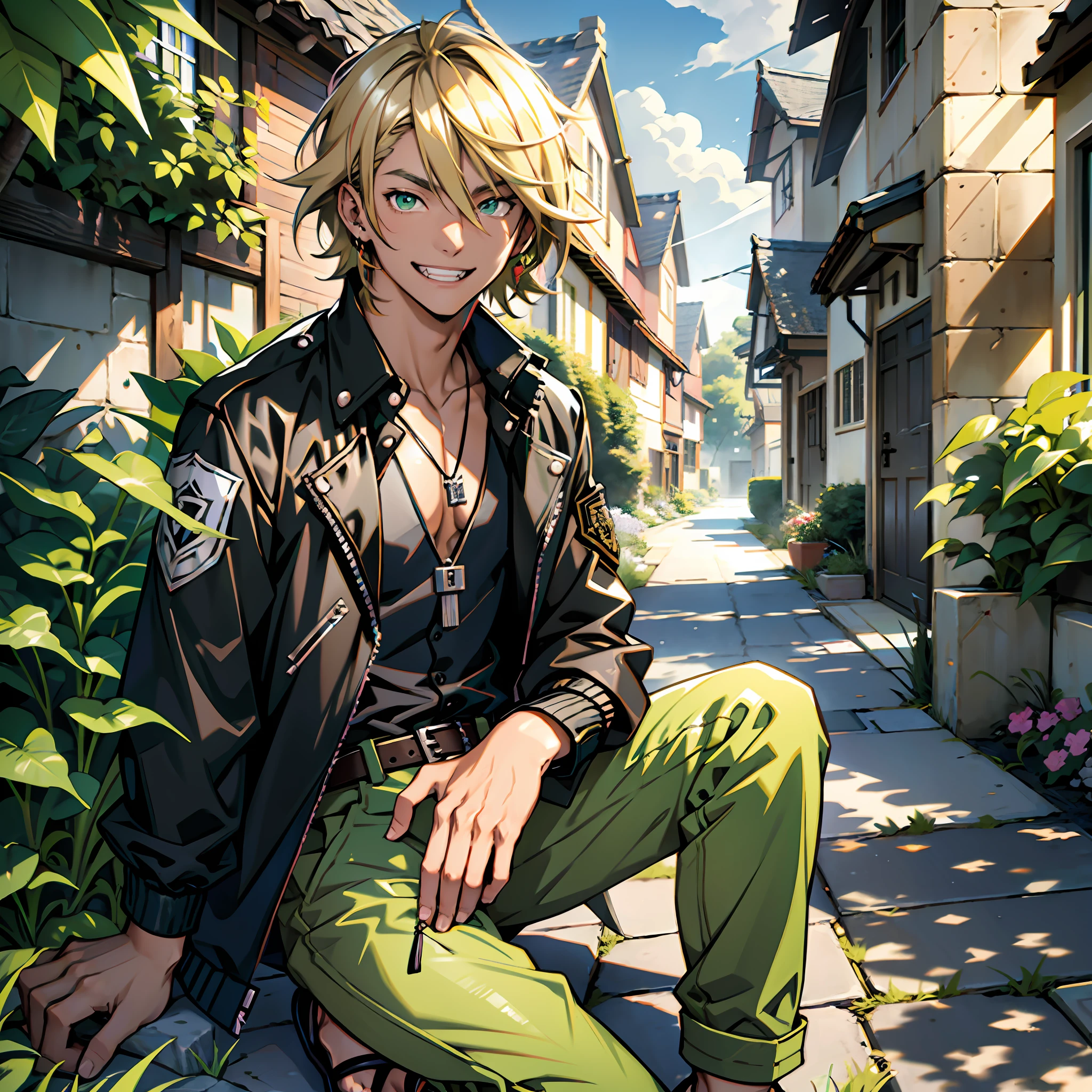 Teenage anime boy, black jacket, blouse with paint stains underneath jacket, long green colored pants, black sandals, checkered shirt, sword pendant on silver cord, straight blonde hair, short hair, caramel colored eyes, smile with sample fangs, brown skin, scenery around animals in a garden.
