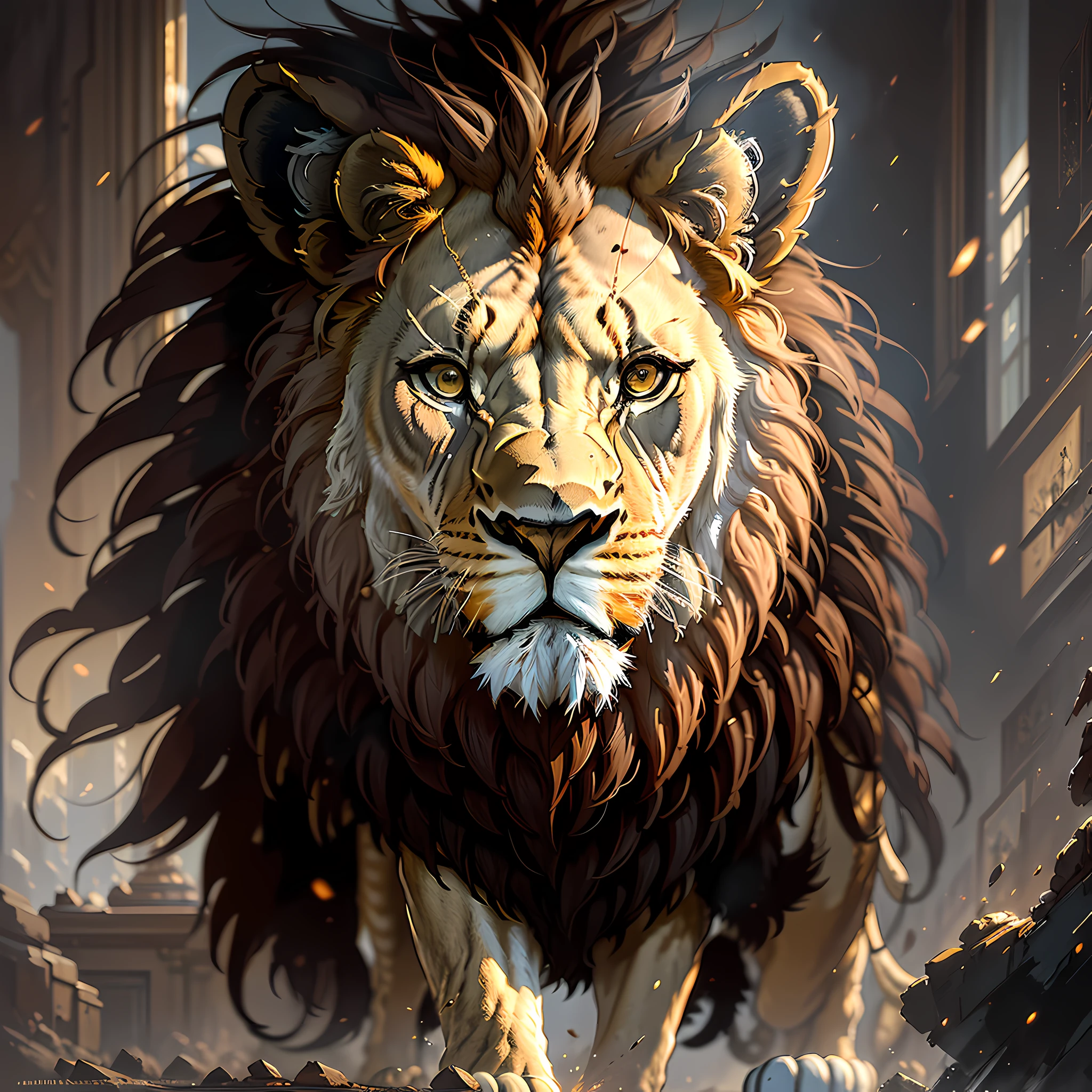 masterpiece, best quality, ((well detailed lion)), (extremely detailed 8k CG unit wallpaper), professional majestic oil painting by Ed Blinkey, Atey Ghailan, Studio Ghibli, by Jeremy Mann, Greg Manchess, Antonio Moro, trend in ArtStation, trends in CGSociety, Intricate, High Detail, Sharp Focus, dramatic and photorealistic painting art by midjourney and greg rutkowski