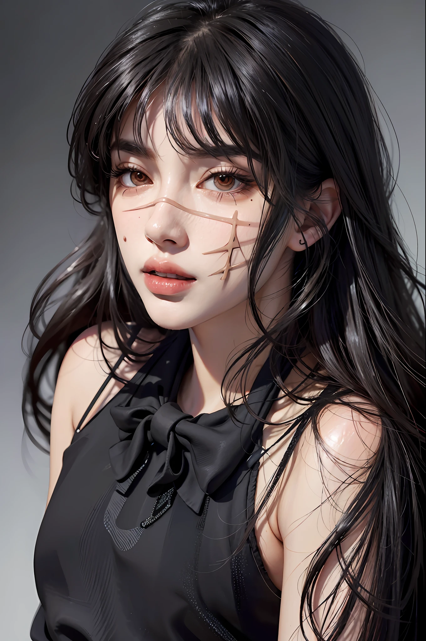 (hyper-realistic), (illustration), (high resolution), (8K), (extremely detailed), (best illustration), Yoru ( Chainsaw Man ), (beautiful detailed eyes), (best quality), (ultra-detailed), (masterpiece), (wallpaper), (detailed face), solo, upper body, focus on face, 1 girl, long black hair, Korean, thin eyeshadow, well-detailed eyes, brown eyes, small moles under the eyes, long sleeve shirt, neck bow, small breasts, pinafore dress, dynamic pose, low lighting, night, dark, clouds, dark night