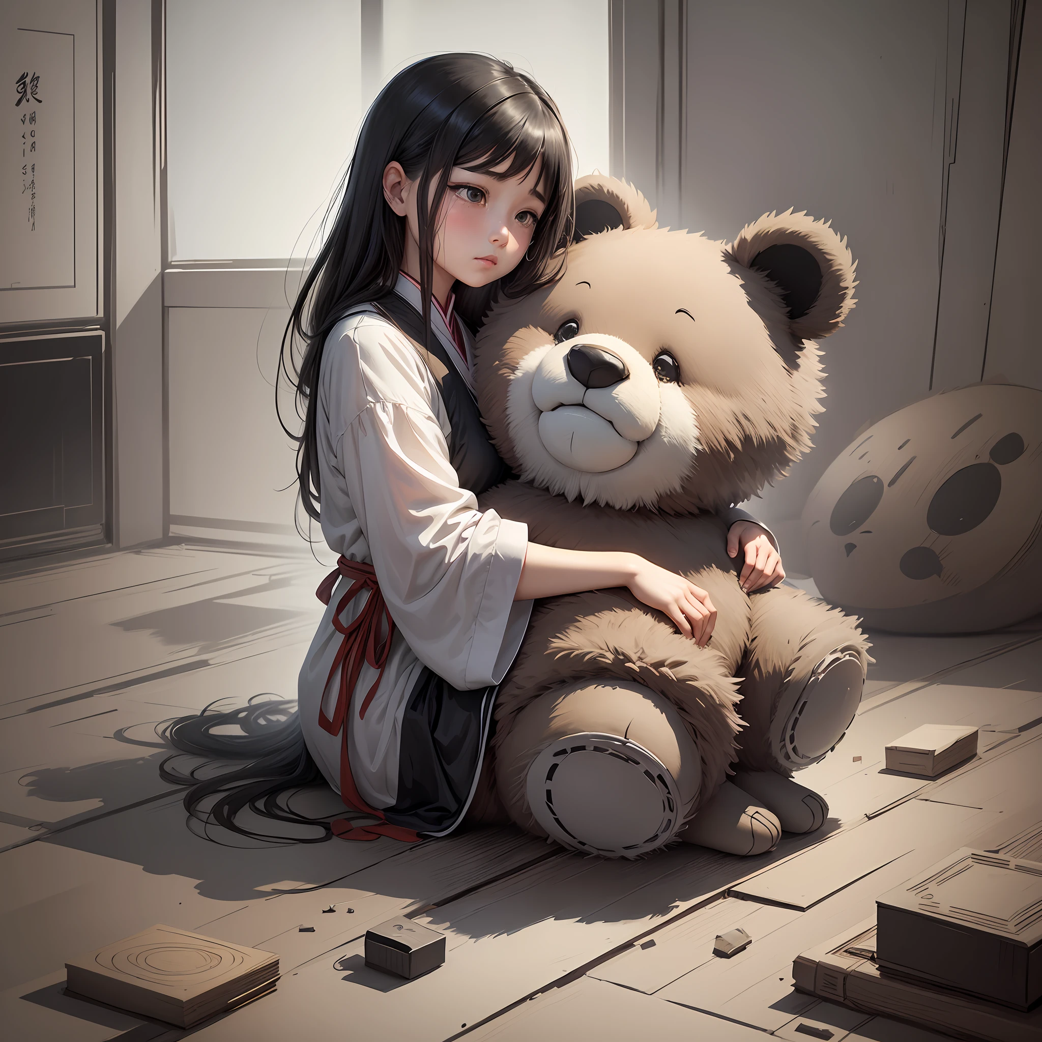 A girl holding a teddy bear crying, a two-dimensional figure, Chinese ink painting style, big scene, big perspective composition, interesting composition method --auto --s2