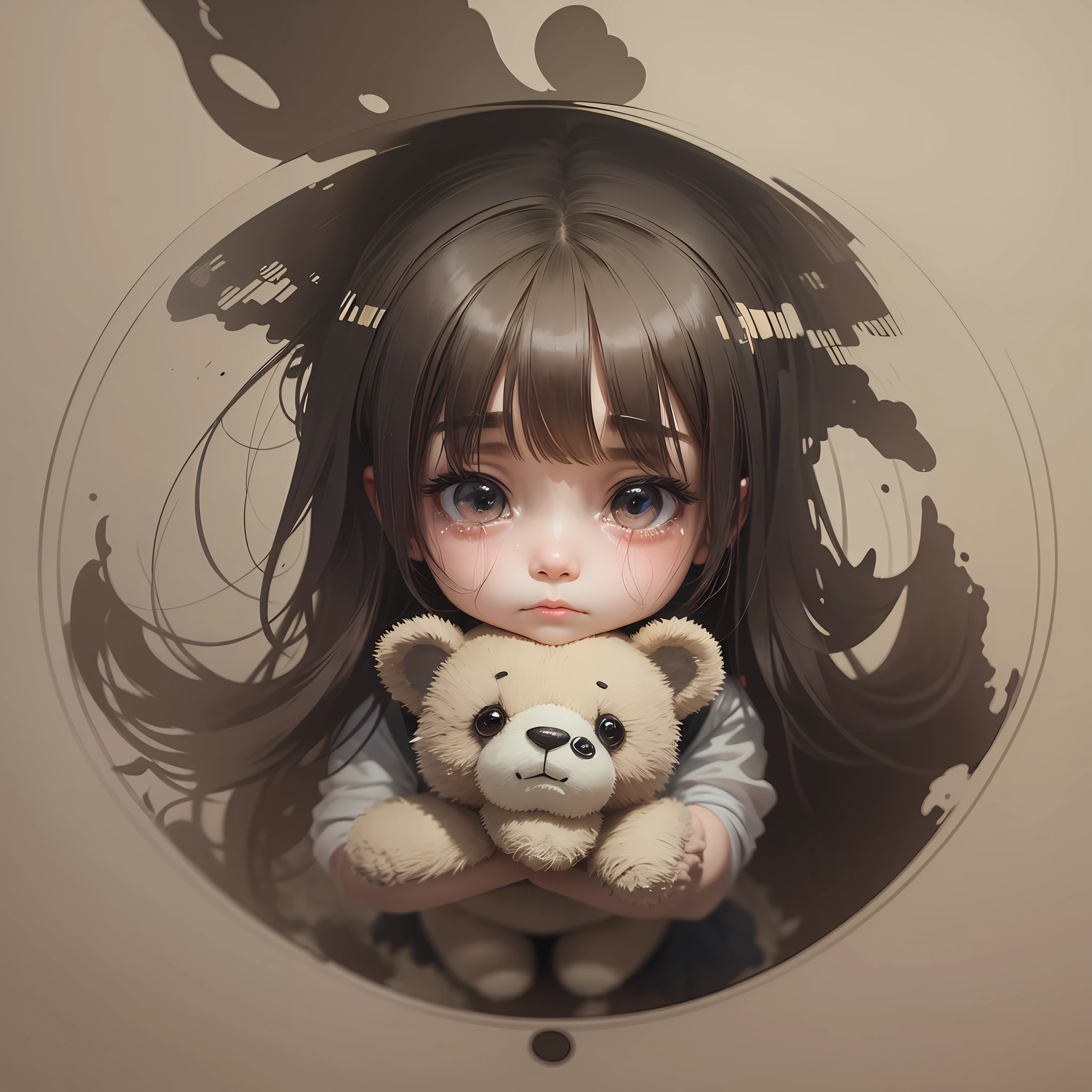 A girl holding a teddy bear crying, a two-dimensional figure, Chinese ink painting style, big scene, big perspective composition, interesting composition method --auto --s2