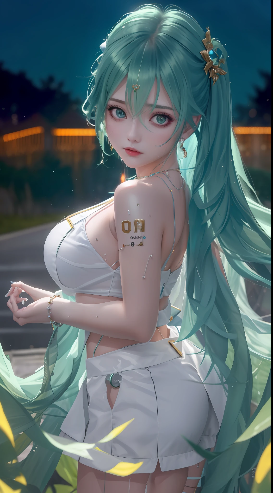 best quality, masterpiece, high_res, 1girl, hair ornament, necklace, jewelry, Beautiful face, upon body, tyndall effect, photo realistic, dark studio, rim lighting, two tone lighting, (high detailed skin, sweaty:1.2), 8k uhd, dslr, soft lighting, high quality, volumetric lighting, candid, Photograph, high resolution, 4k, 8k, Bokeh, realistic big breasts, open fingers, (hair color:tosca green:1), outdoor,