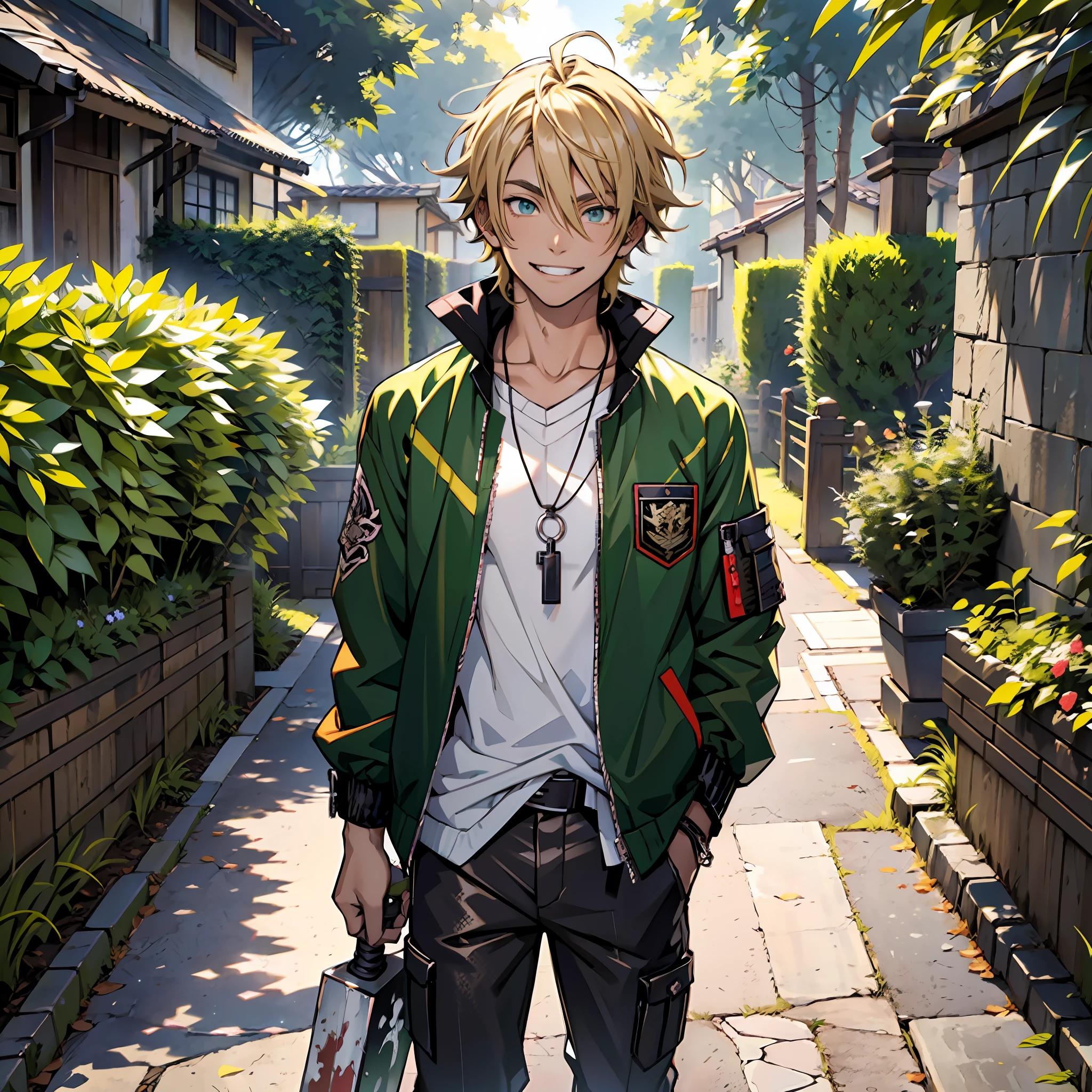 Teenage anime boy, black jacket, blouse with paint stains underneath jacket, long green colored pants, black sandals, checkered shirt, sword pendant on silver cord, straight blonde hair, short hair, caramel colored eyes, smile with sample fangs, brown skin, scenery around animals in a garden.