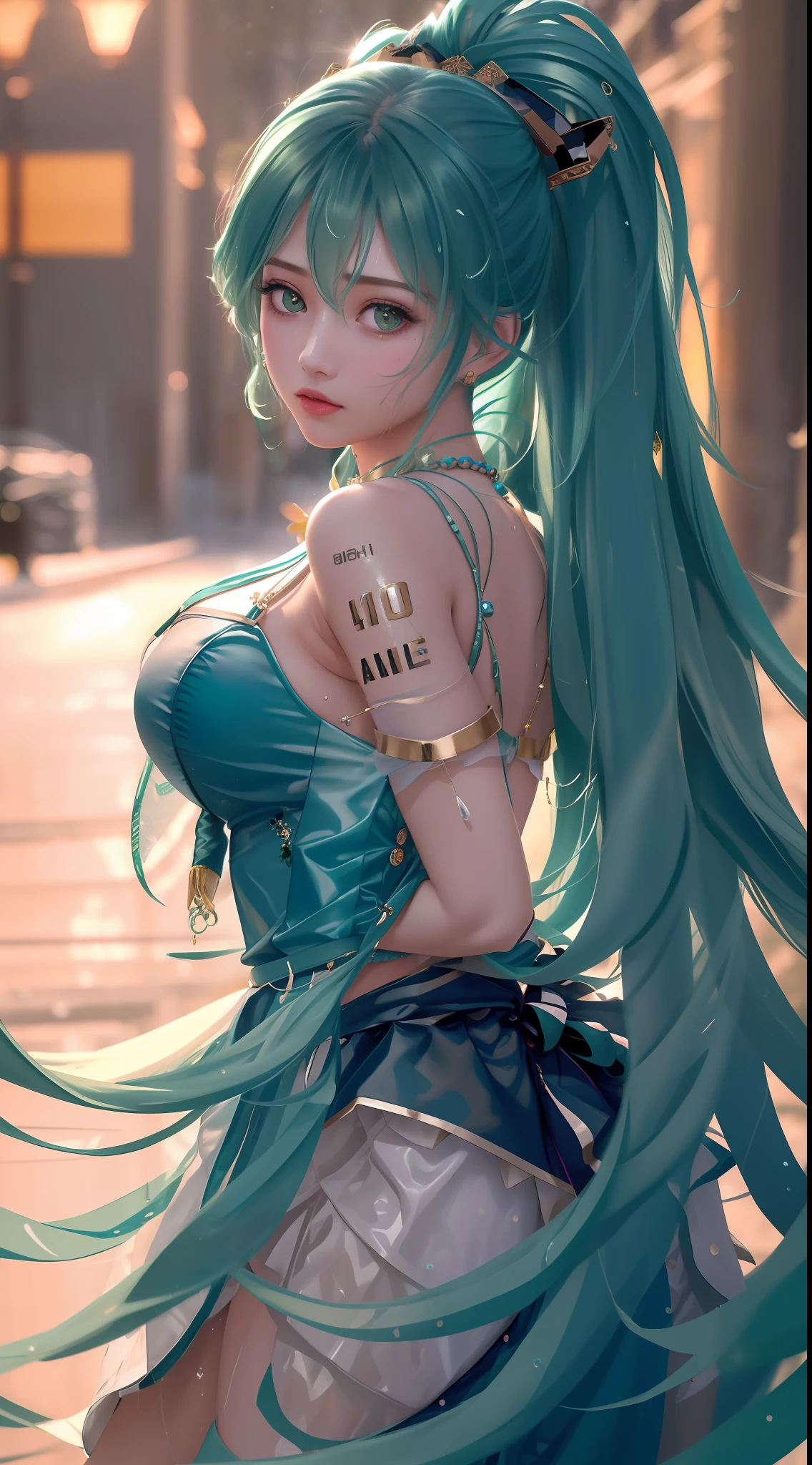 best quality, masterpiece, high_res, 1girl, hair ornament, necklace, jewelry, Beautiful face, upon body, tyndall effect, photo realistic, dark studio, rim lighting, two tone lighting, (high detailed skin, sweaty:1.2), 8k uhd, dslr, soft lighting, high quality, volumetric lighting, candid, Photograph, high resolution, 4k, 8k, Bokeh, realistic big breasts, open fingers, (hair color:tosca green:1), outdoor,