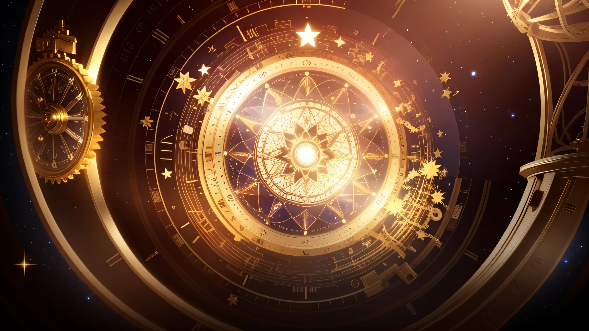 there is a circular picture of a clock with a star on it, infinite space clock background, astral clockwork, inter dimensional clockwork, clockwork, 8 k hd wallpaperjpeg artifact, 8k hd wallpaperjpeg artifact, rendered in keyshot, time vortex in the background, ornate gilded cosmic machine, pc screenshot, magic lab background, orrery