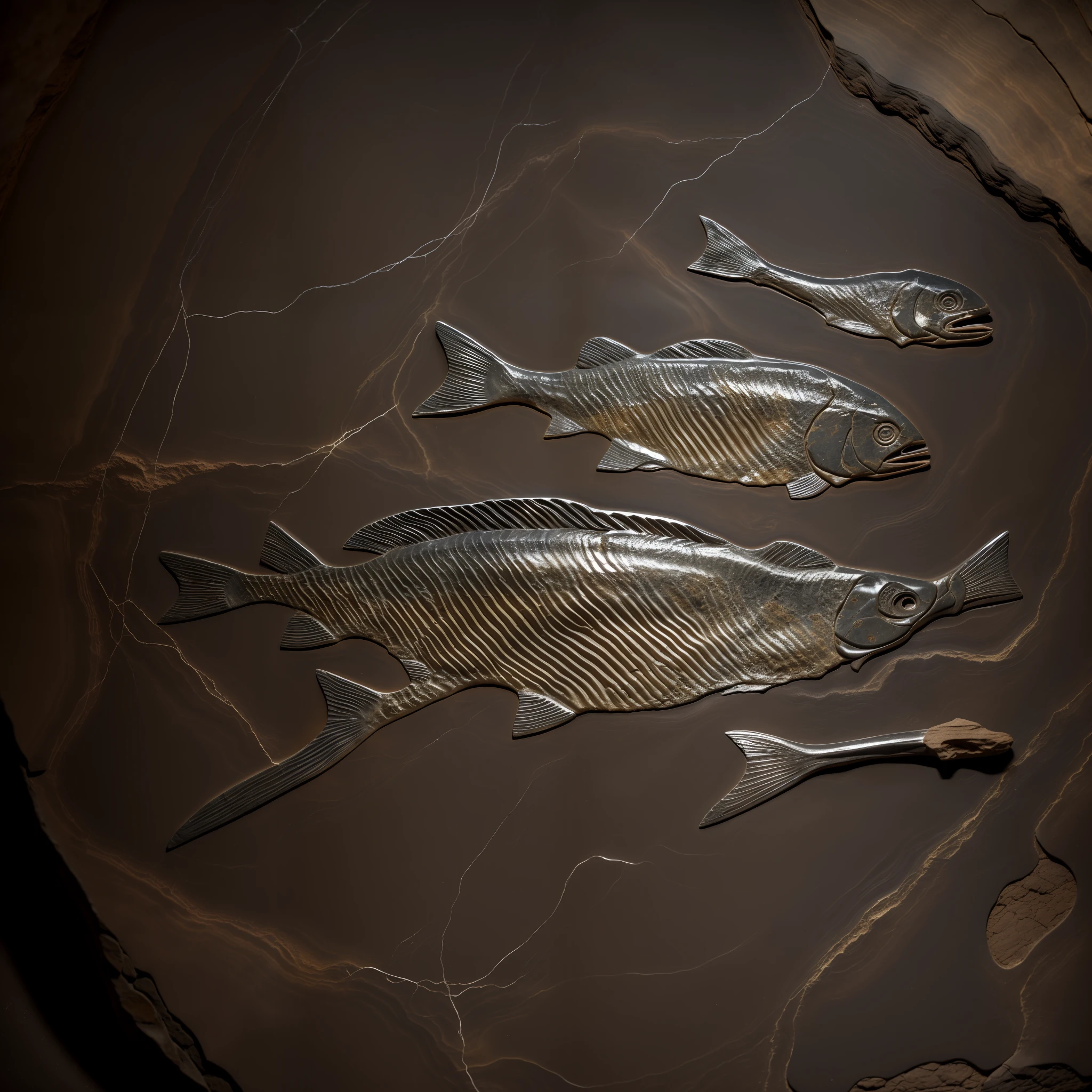 Permafrost stone fossil with fossil fish in a large ancient rock, realistic, submerged grotto cinematic lighting, highly detailed, 8k resolution, raytracing, soft light, digital painting, sharp focus, medieval axe. real photo.