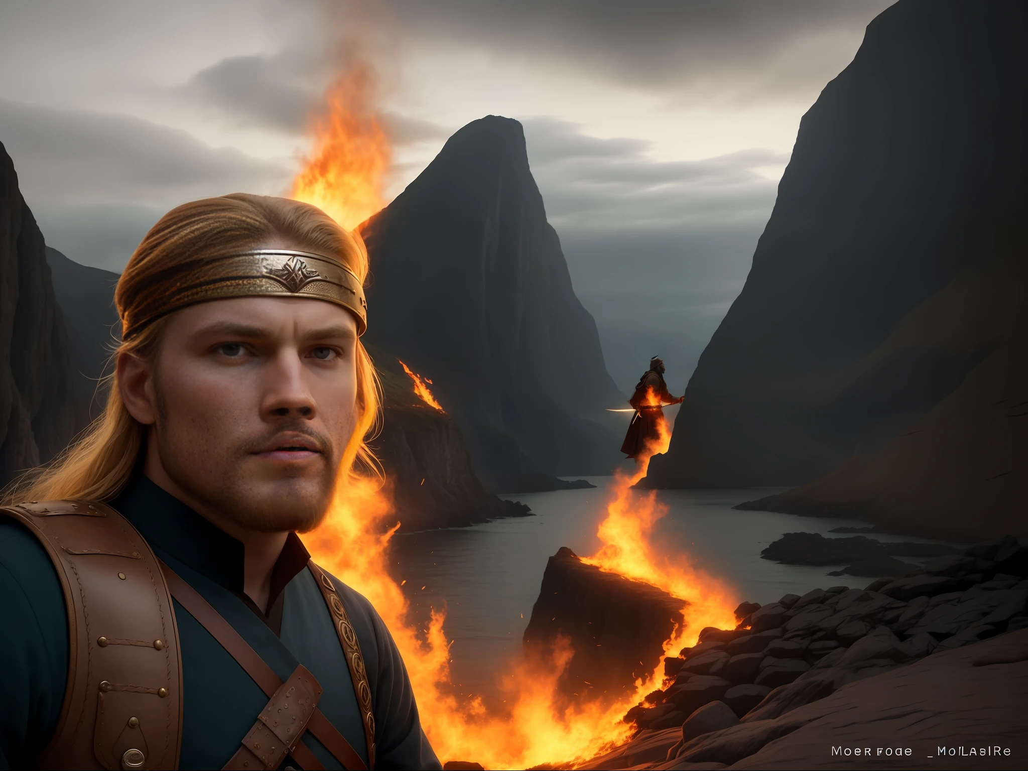 The man in the first photo is cuddled with the man in the third photo, realistic, Viking warrior portrait, standing in front of a burning village, cliffs, closeup, attack pose and attitude. --auto --s2