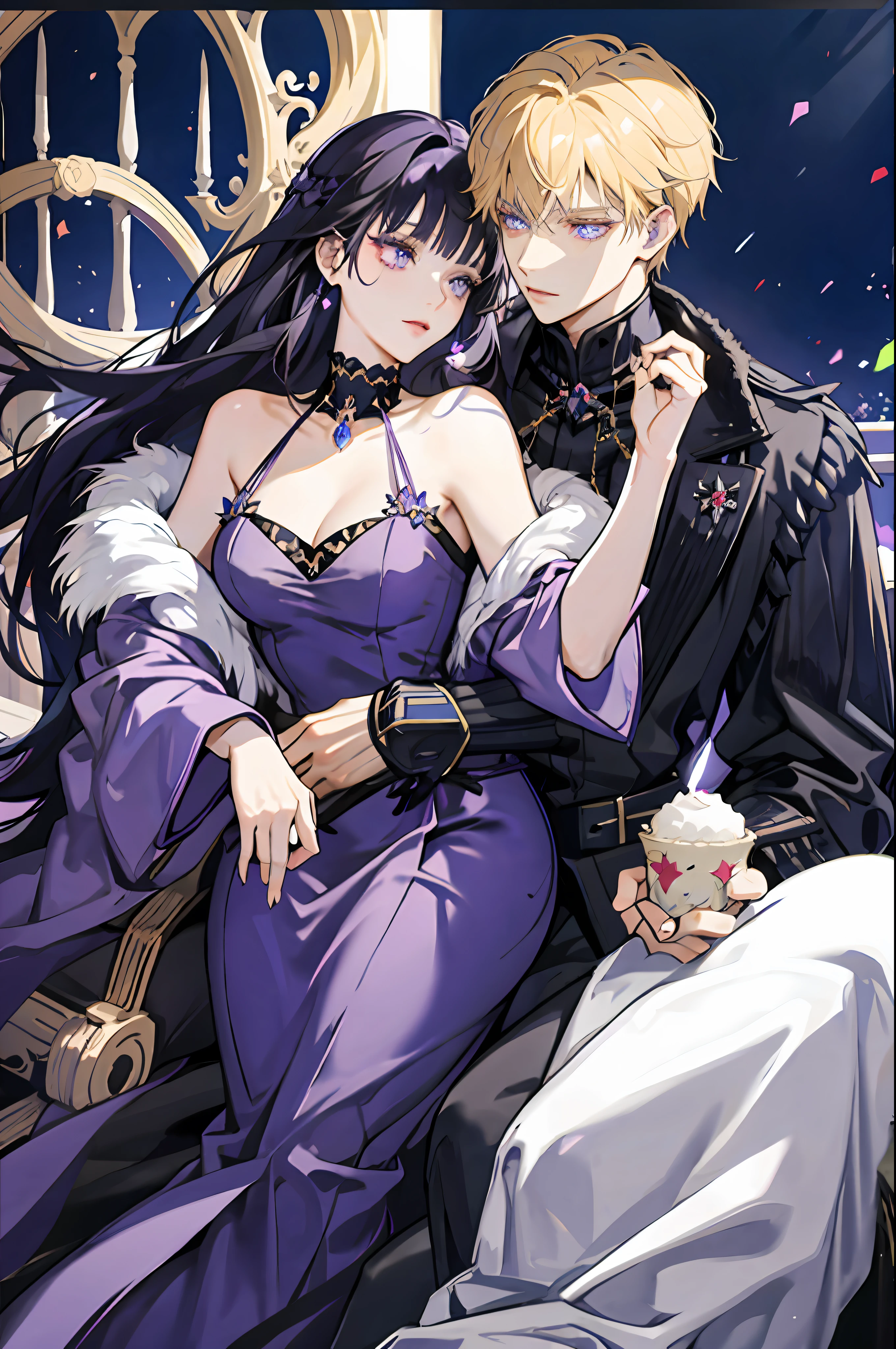 Woman with black hair and violet eyes and blunt bangs, purple dress, royalty, nobility, princess, elegant, hugs a man with blonde hair and blue eyes and spiky hair, high quality, highly detailed, detailed face, castle