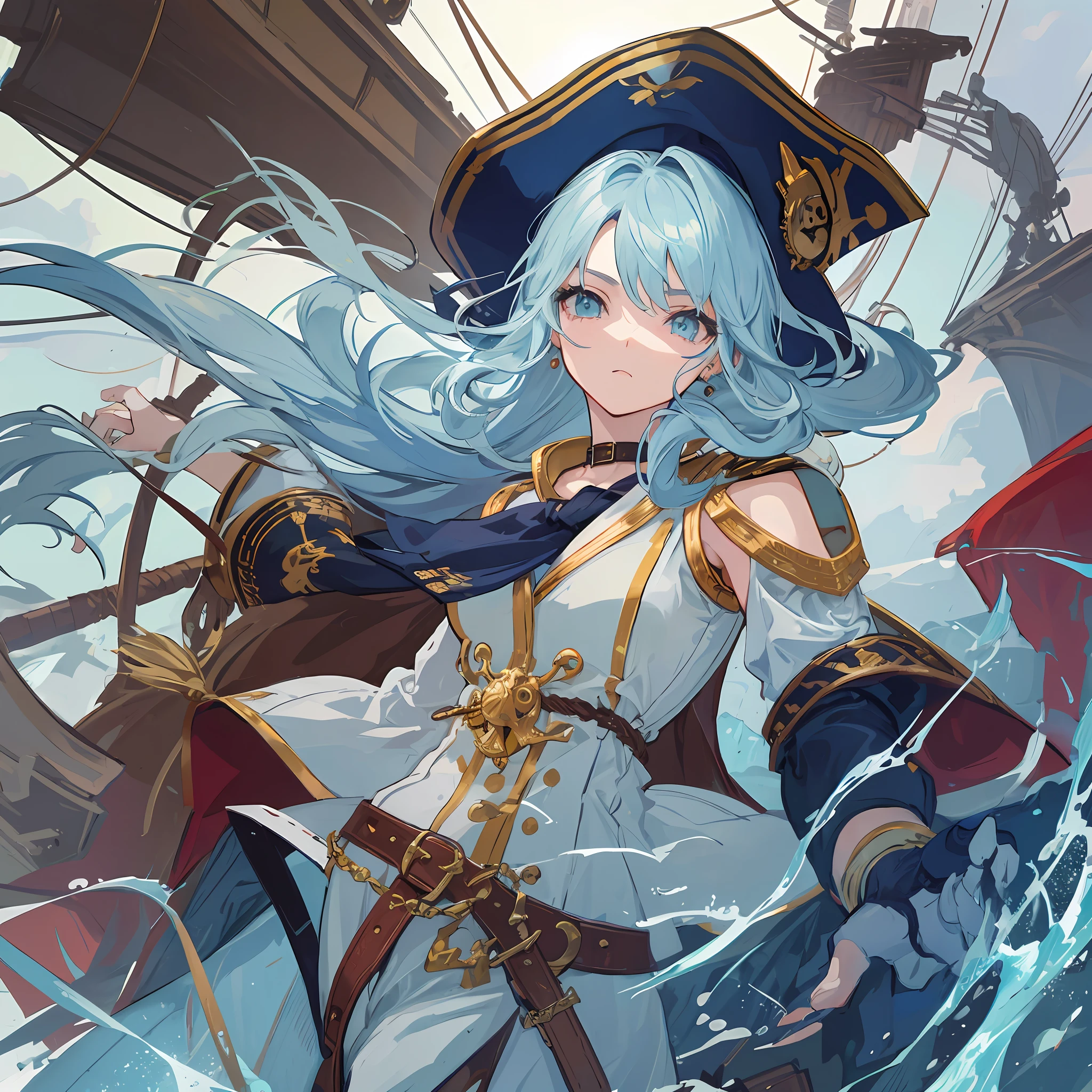 Create a picture of an anime 21 year old female with long, wavy light blue hair. She has a tough and adventurous personality, as if she were a ship captain. The clothing she wears depicts the style of a pirate, with distinctive touches and striking details. Perhaps she wears a hat with feathers, a captain's jacket with collar and ropes, and comfortable yet stylish pants. Include accessories such as belt ropes, a necklace, or appropriate jewelry that fits the theme and no hat. Her facial expression can reflect bravery and determination. Give her a pose that showcases strength and leadership. Show the spirit of adventure and a free-spirited nature in the picture you create.