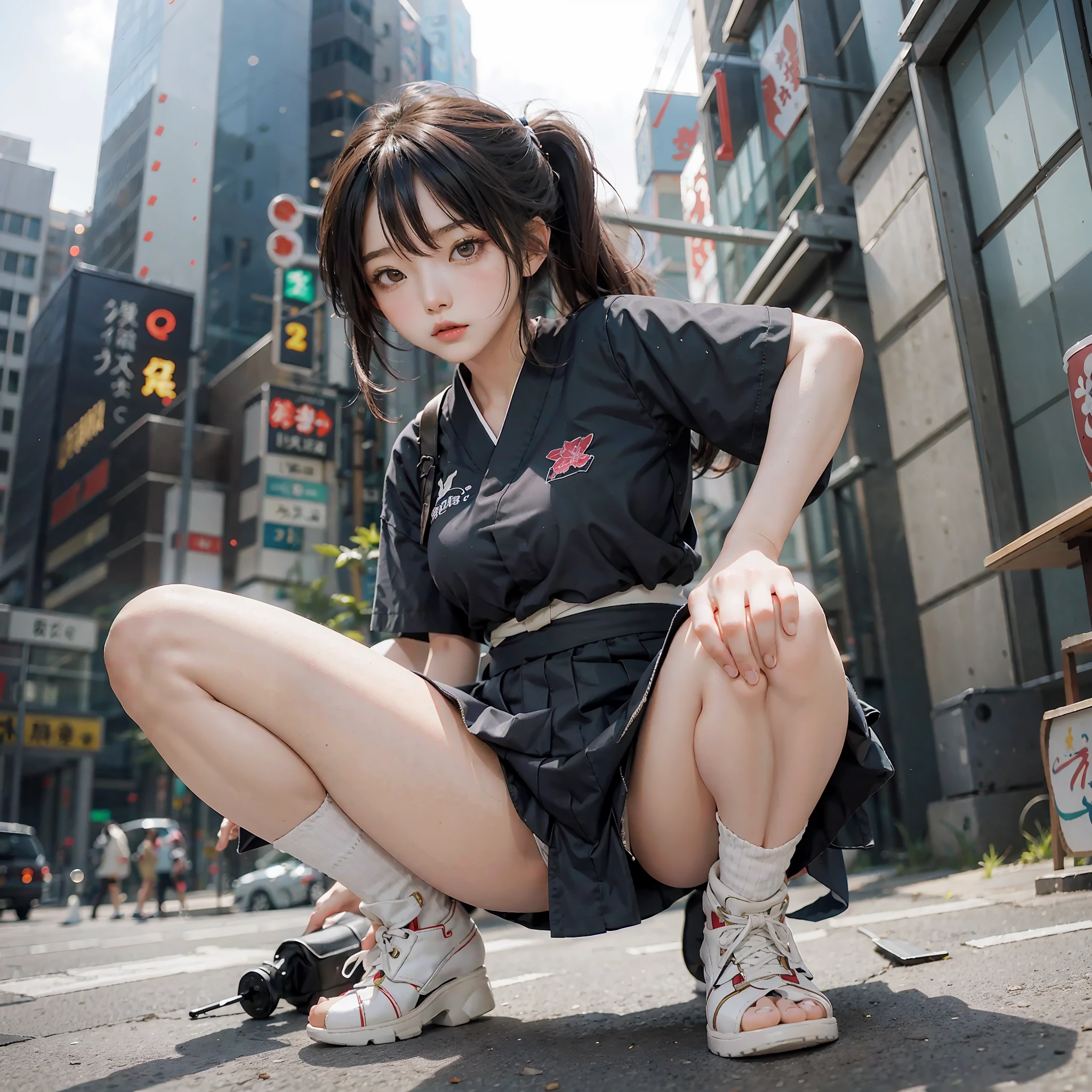 Japanese anime style. woman. she is squatting mini skirt. Spread your legs. from below. --auto --s2