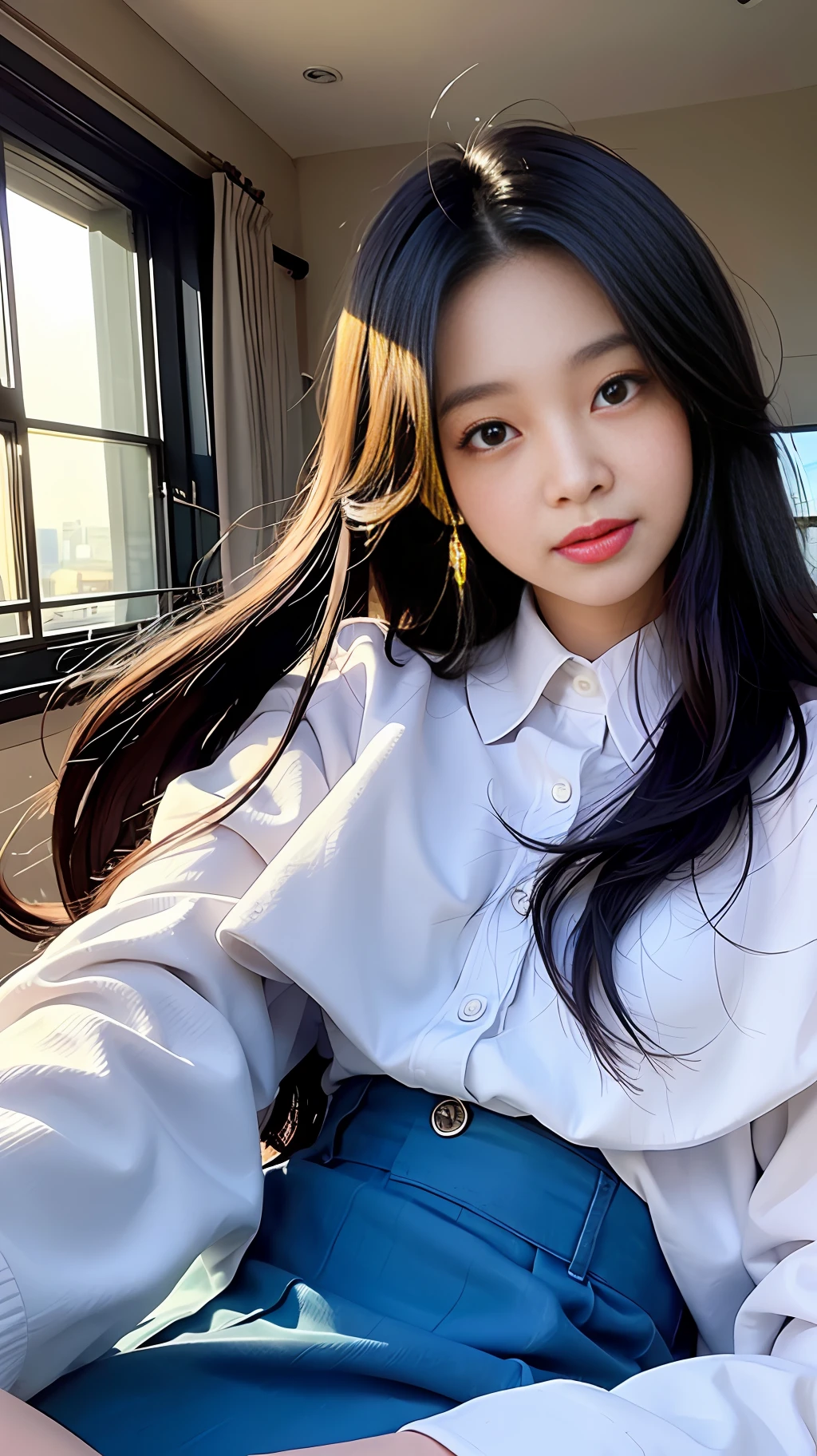 Top Quality, Ultra High Definition, (1 Girl: 1.4), Solo, (Upper Body: 1.2), (Photorealistic: 1.4), (Cute Teen Girl: 1.2), Selfie, Big, Long Hair, Parted Bangs, Air Bang, Red Lips, light_smile, (Shot Hair), (Uniform: 1.4), White Shirt with Blue Collar, Blue Shorts, (View Viewer: 1.4), indirect lighting, room, lying down (pureerosface_v1:0.5), night
