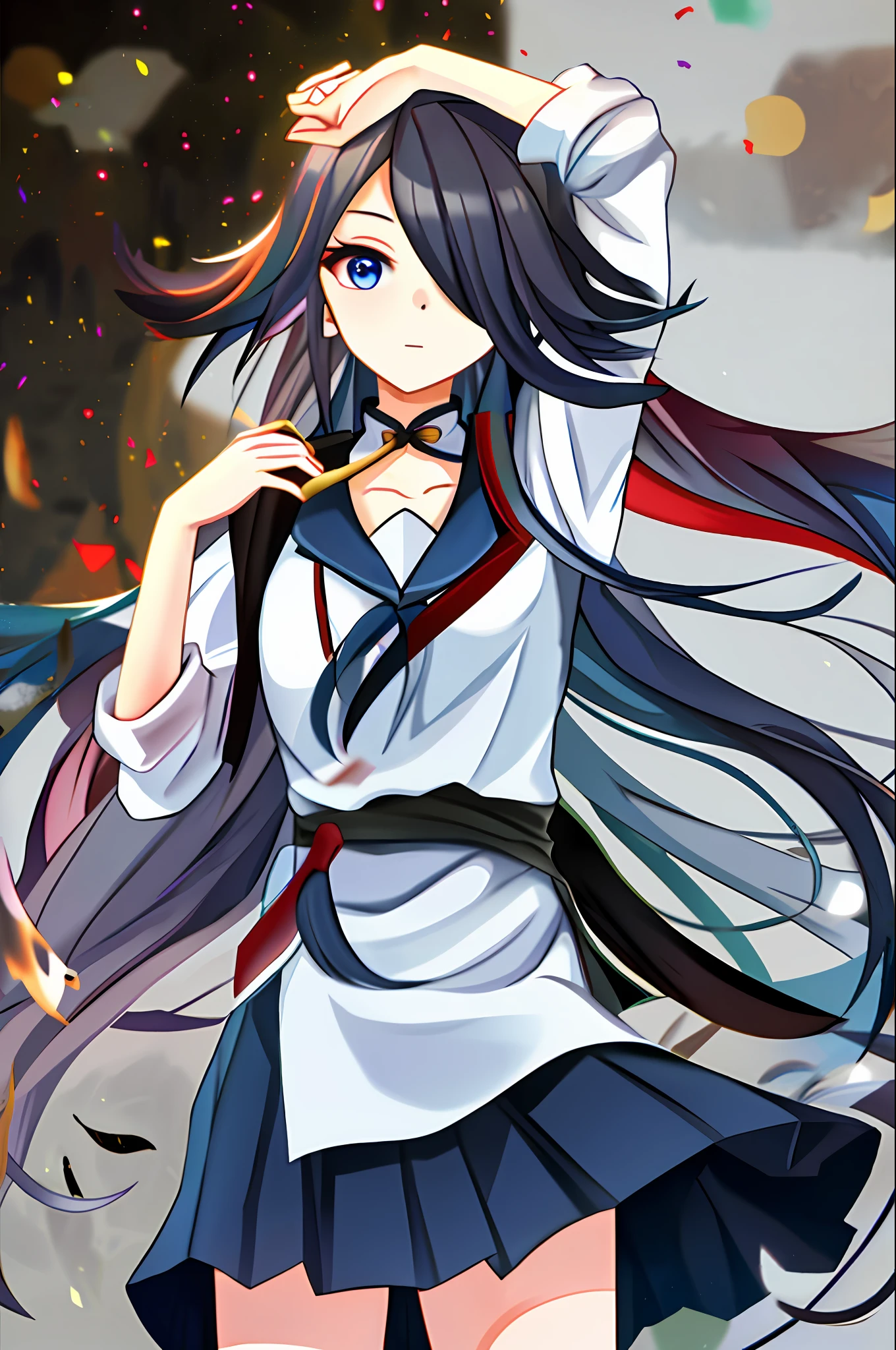 Fu hao, solo, 1girl, city, long hair, hair over one eye, looking at viewer, eyes visible through hair, school uniform, uniform, skirt, simple background,