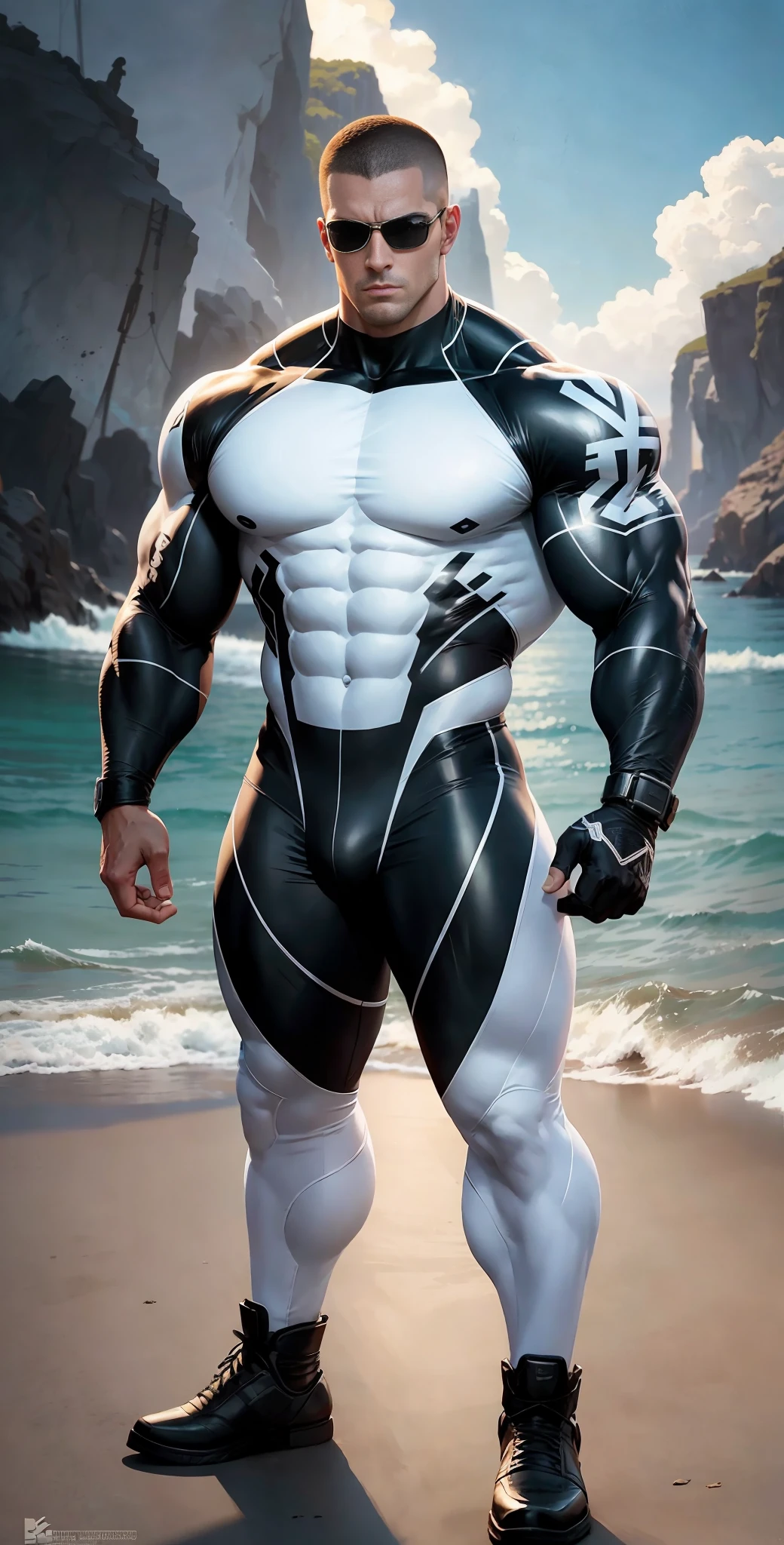 Allad man in white and black clothes standing on the sunny seashore, American round head, Buzz Cut, tall and burly, muscular male hero, heroic male pose, muscular! Wearing black sunglasses, spandex tight high elastic bodysuit, symmetrical floral design, super buff and cool, high resolution committee, character design police, black military boots, attractive strong male with spandex tight high elastic bodysuit, weaving hot sunlight on the body