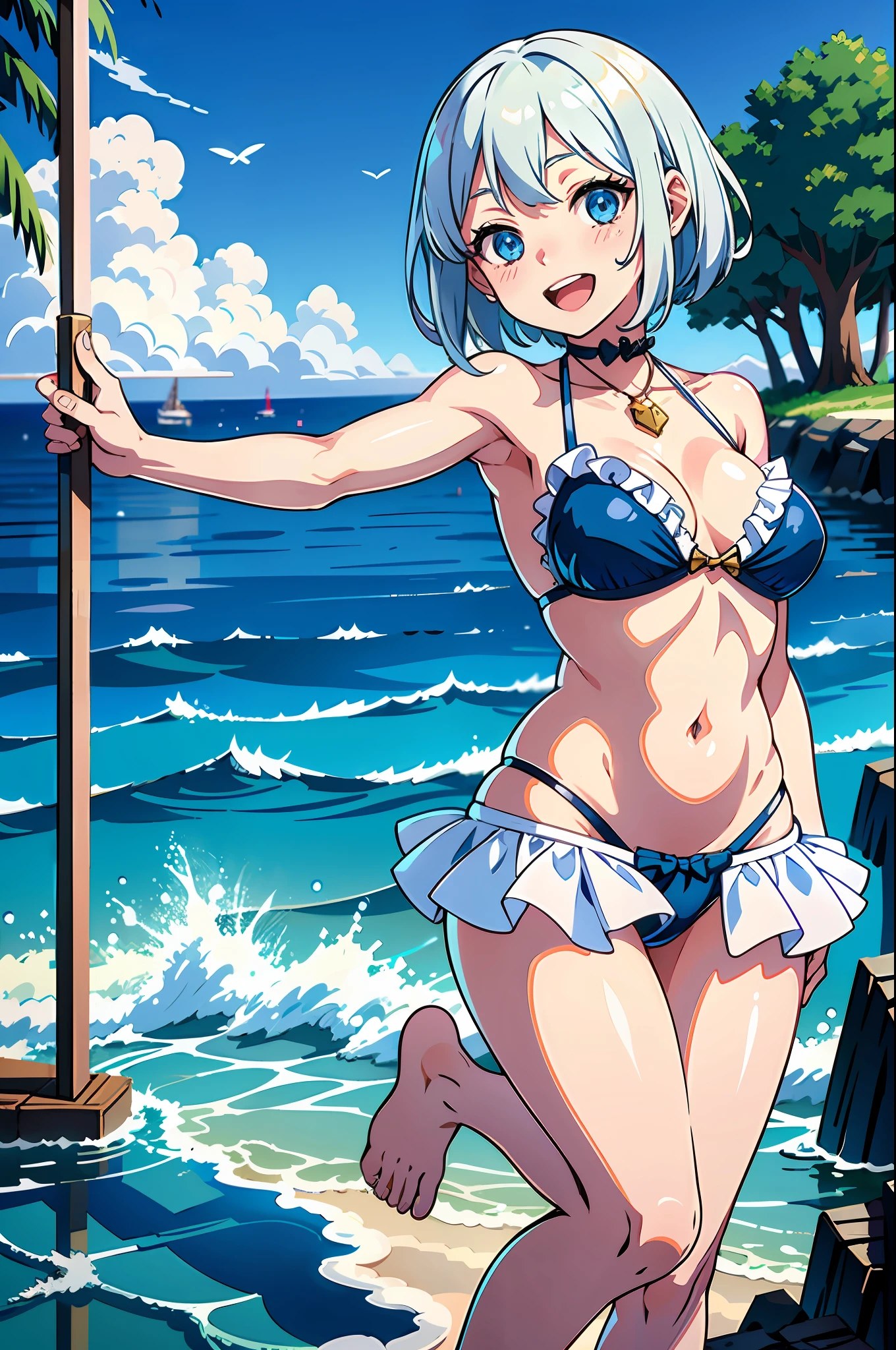 Synmamic, (:1.5), Short hair, Silver hair, Blue eyes, Upper body, Smile, Blush, :D, Pose, Full body, Seaside, Big tits, Bikini with white frills, Saggy eyes,