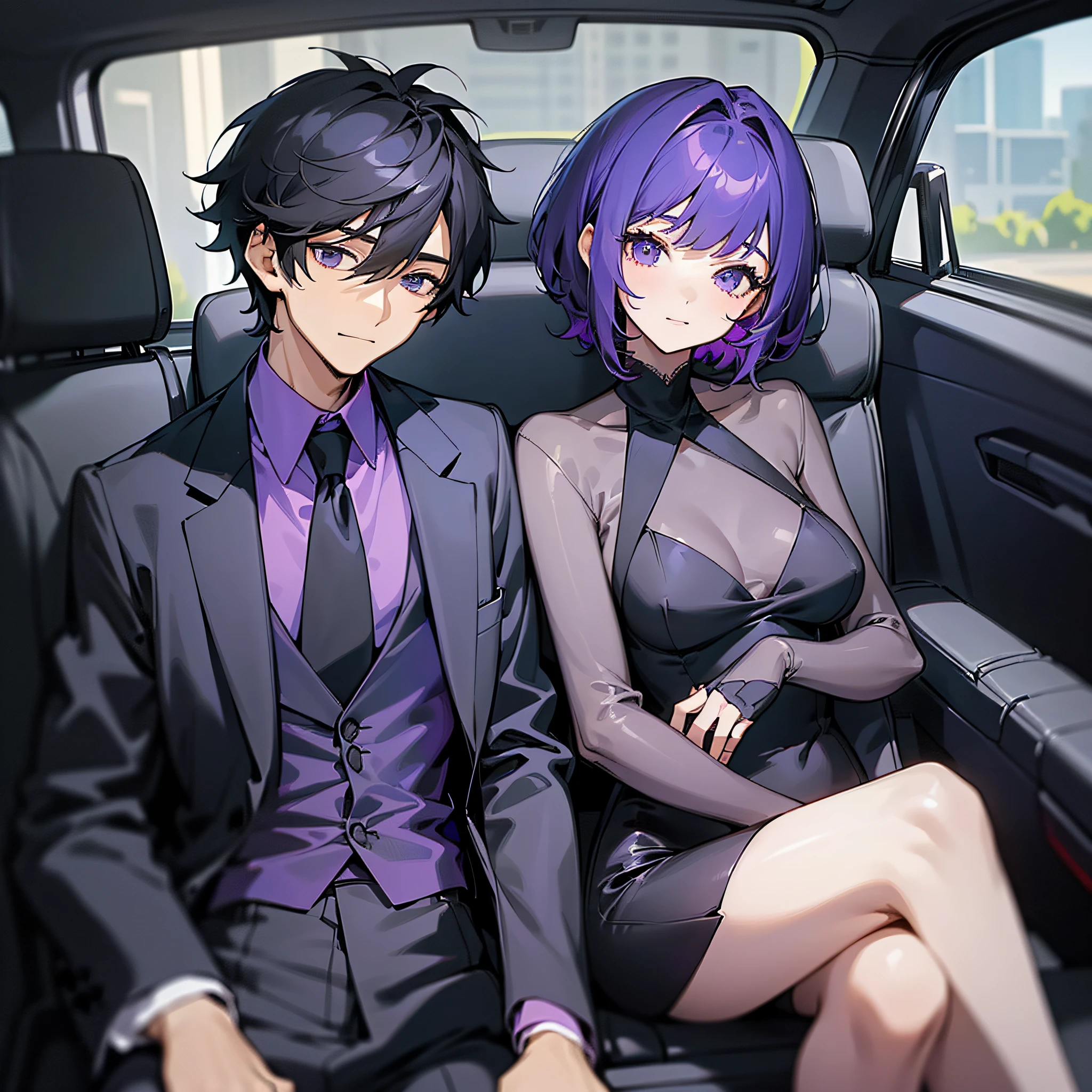 (Two people, a man and a woman: 1.4) (Boy's black short hair black suit: 1.5) (Girl's purple hair and black dress: 1.4) (Two people sitting side by side in the back seat of the car: 1.6) (Upper body display: 1.4)
