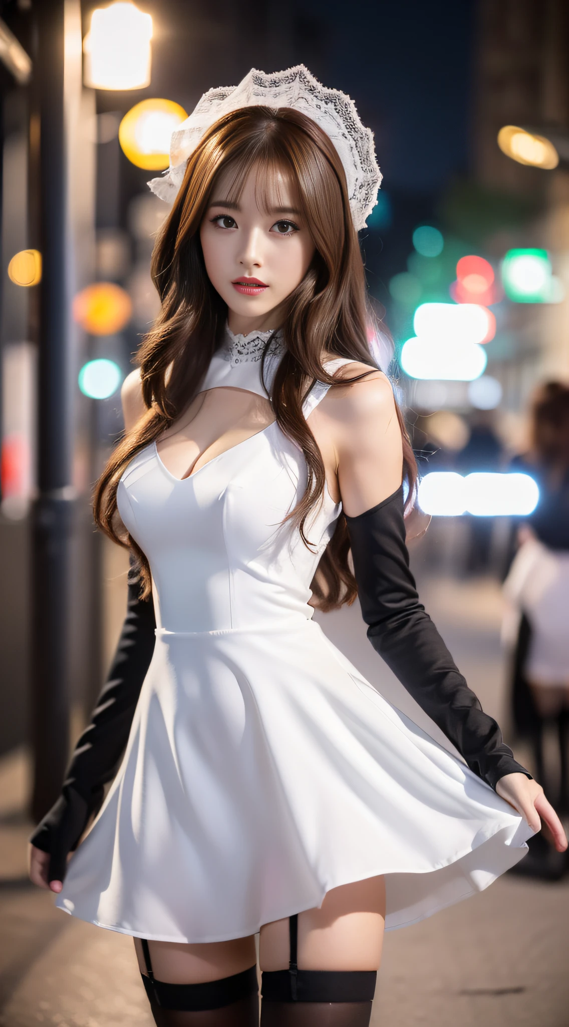 ((Realistic lighting, Best quality, 8K, Masterpiece: 1.3)), Clear focus: 1.2, 1girl, Perfect Body Beauty: 1.4, Slim Abs: 1.1, ((Dark brown hair)), (White dress: 1.4), (Outdoor, Night: 1.1), City streets, Super fine face, Fine eyes, Double eyelids, (Over the knee black stockings: 1.5), White sexy dress, lace detail, Outdoor,