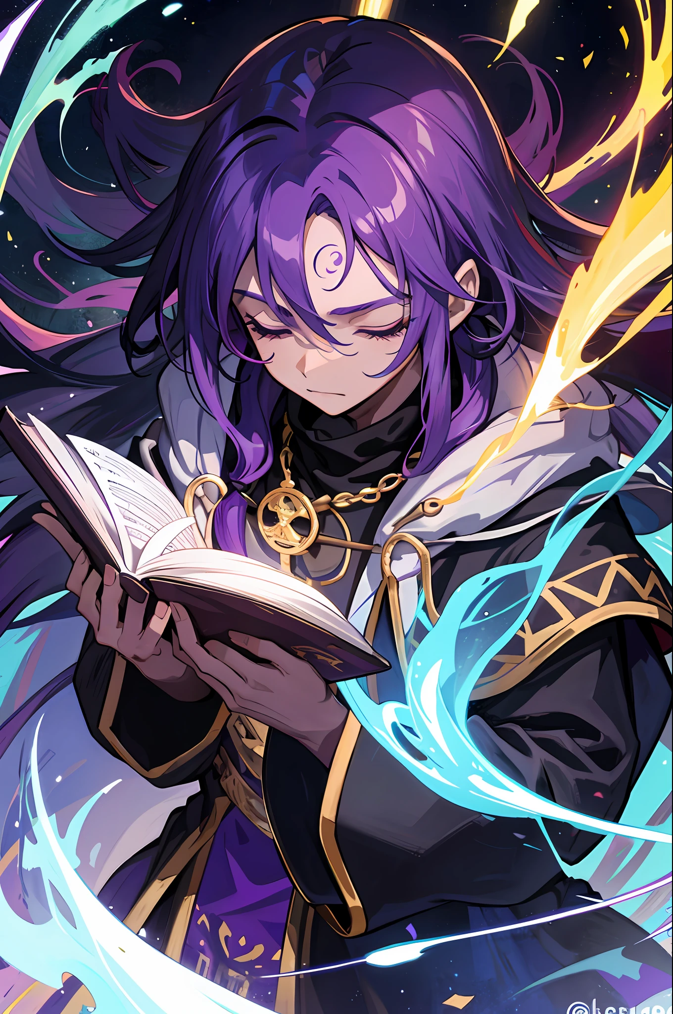 1boy, black skin, long purple hair, he has his eyes closed and is a wizard, has a spell book, has a third eye on his forehead