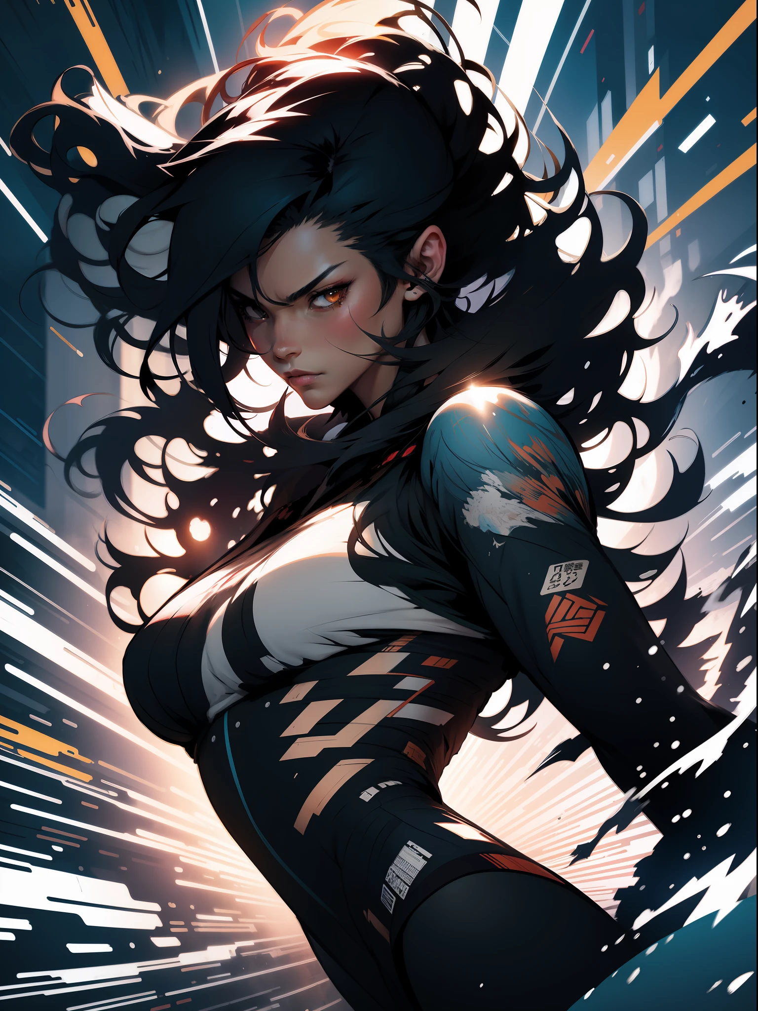 background, mixed-language_text, Japanese graffiti letters, a young warrior with long black hair cascading down her back. His eyes are a deep shade of amber, which shine with intensity when he is in battle. She possesses an athletic and slender appearance, with a confident and determined posture. Her skin has a light tan tone, evidencing her strength and endurance, photo, sticker art, freedom, soul, digital illustration, comic style, centered, approaching perfection, dynamic, highly detailed, watercolor painting, artstation, concept art, smooth, sharp focus, illustration, art by carne griffiths and ,alone anime, centered, approaching perfection, drawing style illustrator, anime style, body with futuristic tribal tattoo style designs in dragon shape, serious face and ultra detailed artwork, graffiti style destroyed city scenery with camera focus,