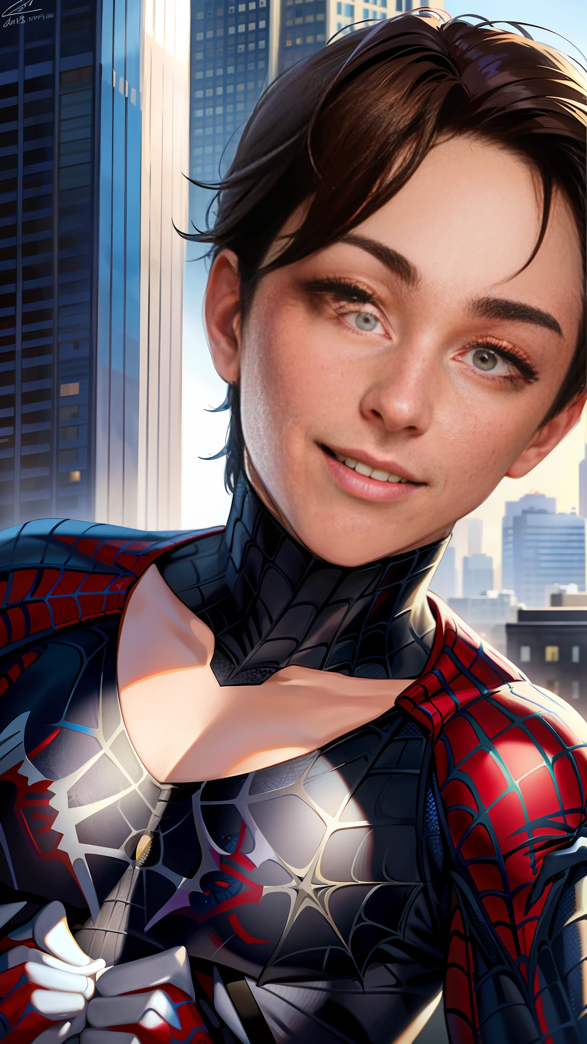 spider suit, spider web print, spider web, spider-man
Masterpiece, absurd, fine details, HDR, ((highly detailed face and eyes)), photorealistic,
focus on the eyes,
standing on the roof of a skyscraper, ((without mask)), looking at the viewer, smiling, short wavy brown hair, brown skin, 
background of New York buildings,