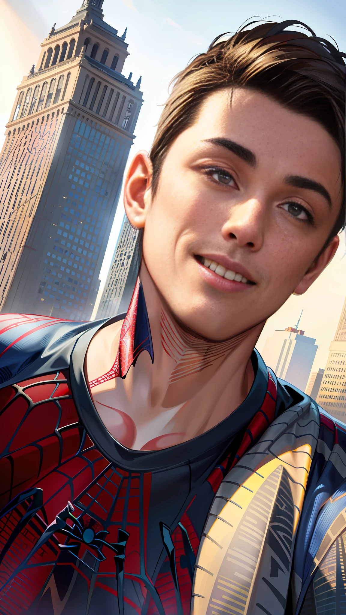 spider suit, spider web print, spider web, spider-man
Masterpiece, absurd, fine details, HDR, ((highly detailed face and eyes)), photorealistic,
focus on the eyes,
standing on the roof of a skyscraper, ((without mask)), looking at the viewer, smiling, short wavy brown hair, brown skin, 
background of New York buildings,