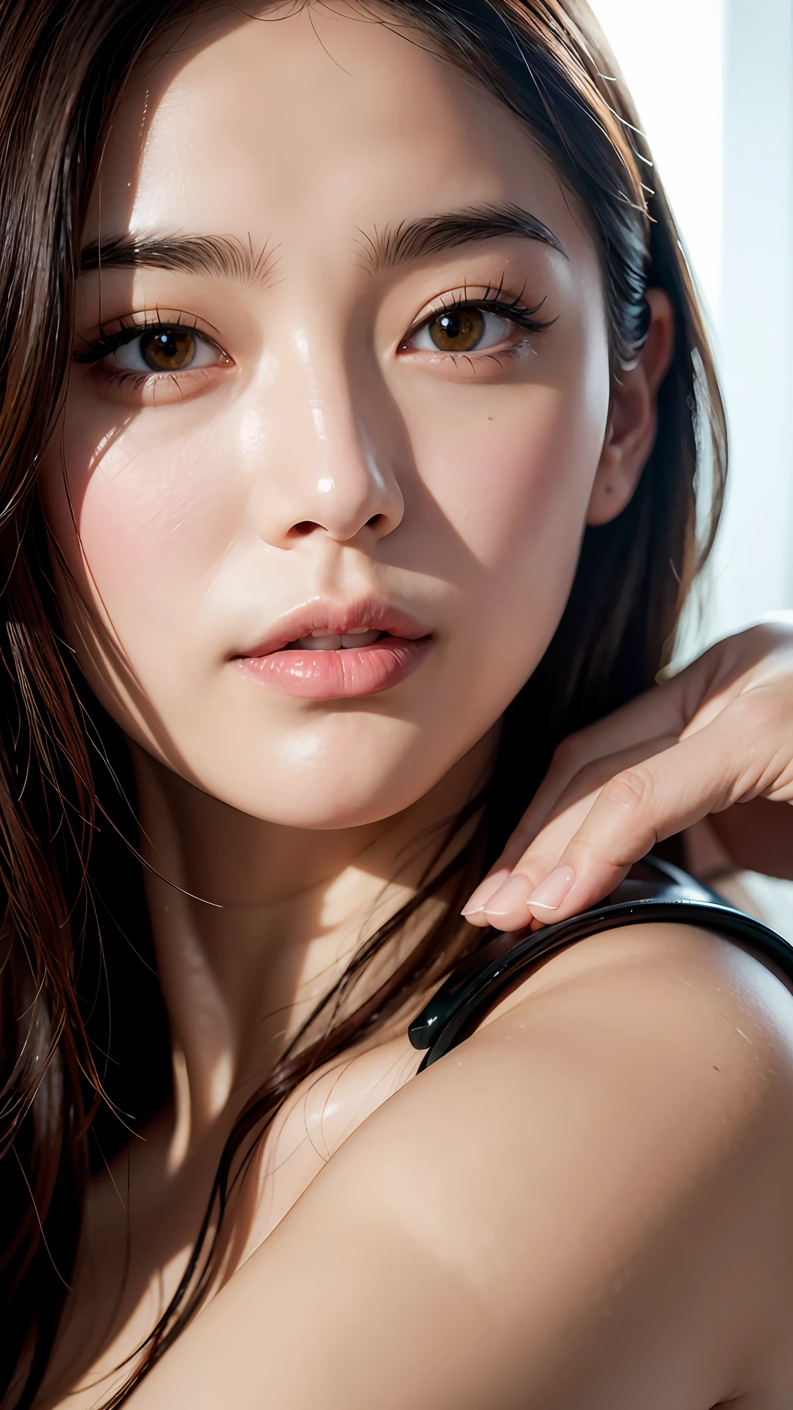 (8K, HDR, highres), ((((Photography, RAW photo, hyperrealism, masterpiece, best quality, ultra highres)))), (pin light, back light, backlighting, cinematic light), sharp focus:1. 4, (hyper detail, finely detailed), face close-up, close-up,
1girl, Egg-shaped face with cat-like eyes, small and plump lips, straight and cute nose, slightly blushing cheekbones, thick eyebrows and long and pretty eyelashes.