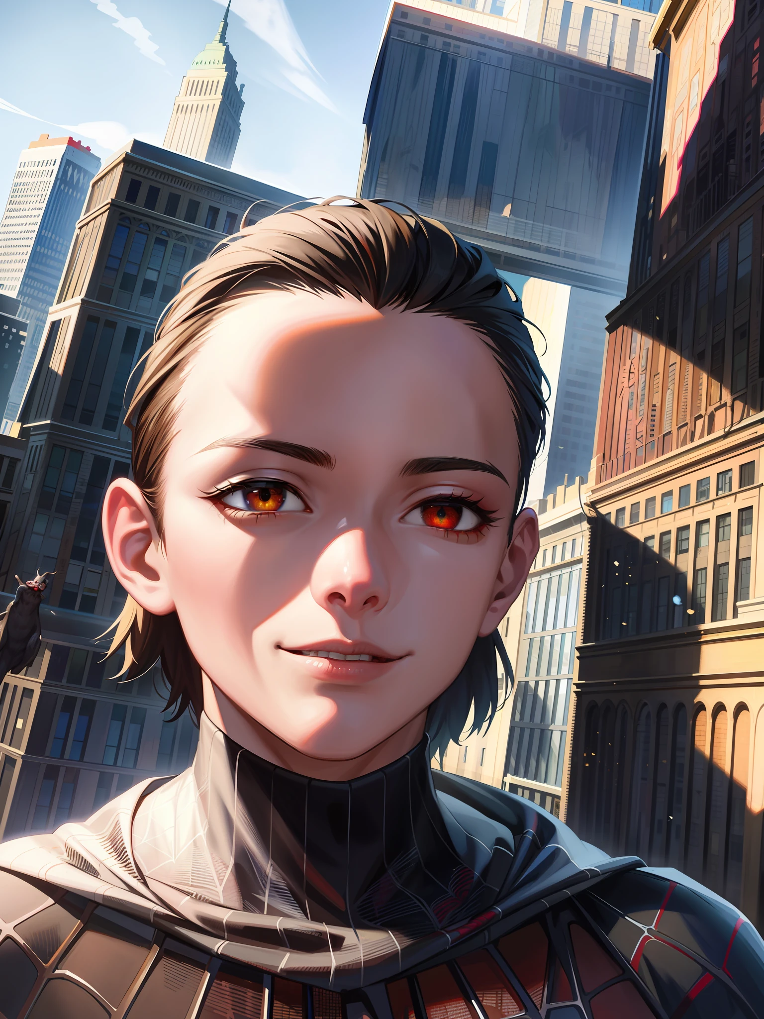 spider suit, spider web print, spider web, spider-man
Masterpiece, absurdres, fine detail, HDR, ((highly detailed face and eyes)), photorealistic,
focus on eyes,
standing on the roof of a skyscrapper, ((unmasked)), looking at viewer, smiling, short brown hair,
new york buildings background,