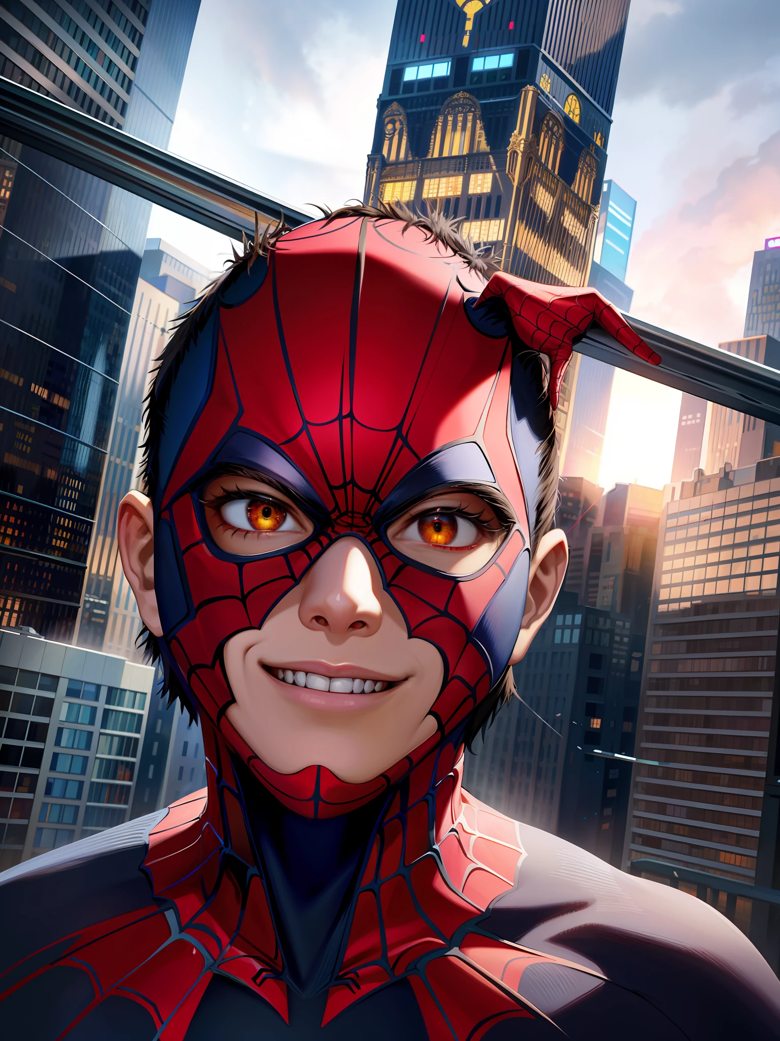 spider suit, spider web print, spider web, spider-man
Masterpiece, absurdres, fine detail, HDR, ((highly detailed face and eyes)), photorealistic,
focus on eyes,
standing on the roof of a skyscrapper, ((unmasked)), looking at viewer, smiling,  short brown hair, 
new york buildings background,