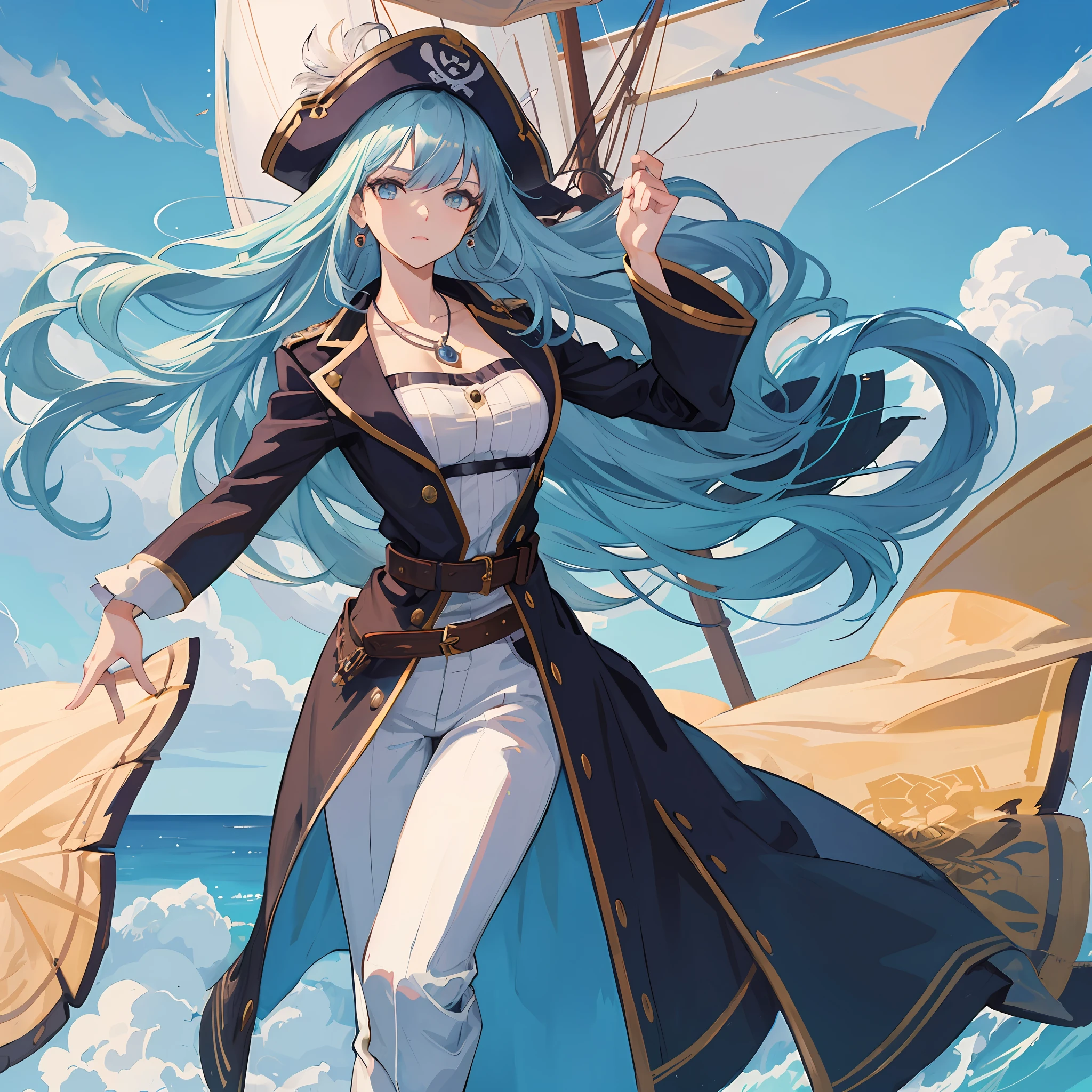 Create a picture of an anime 21 year old female with long, wavy light blue hair. She has a tough and adventurous personality, as if she were a ship captain. The clothing she wears depicts the style of a pirate, with distinctive touches and striking details. Perhaps she wears a hat with feathers, a captain's jacket with collar and ropes, and comfortable yet stylish pants. Include accessories such as belt ropes, a necklace, or appropriate jewelry that fits the theme and no hat. Her facial expression can reflect bravery and determination. Give her a pose that showcases strength and leadership. Show the spirit of adventure and a free-spirited nature in the picture you create.