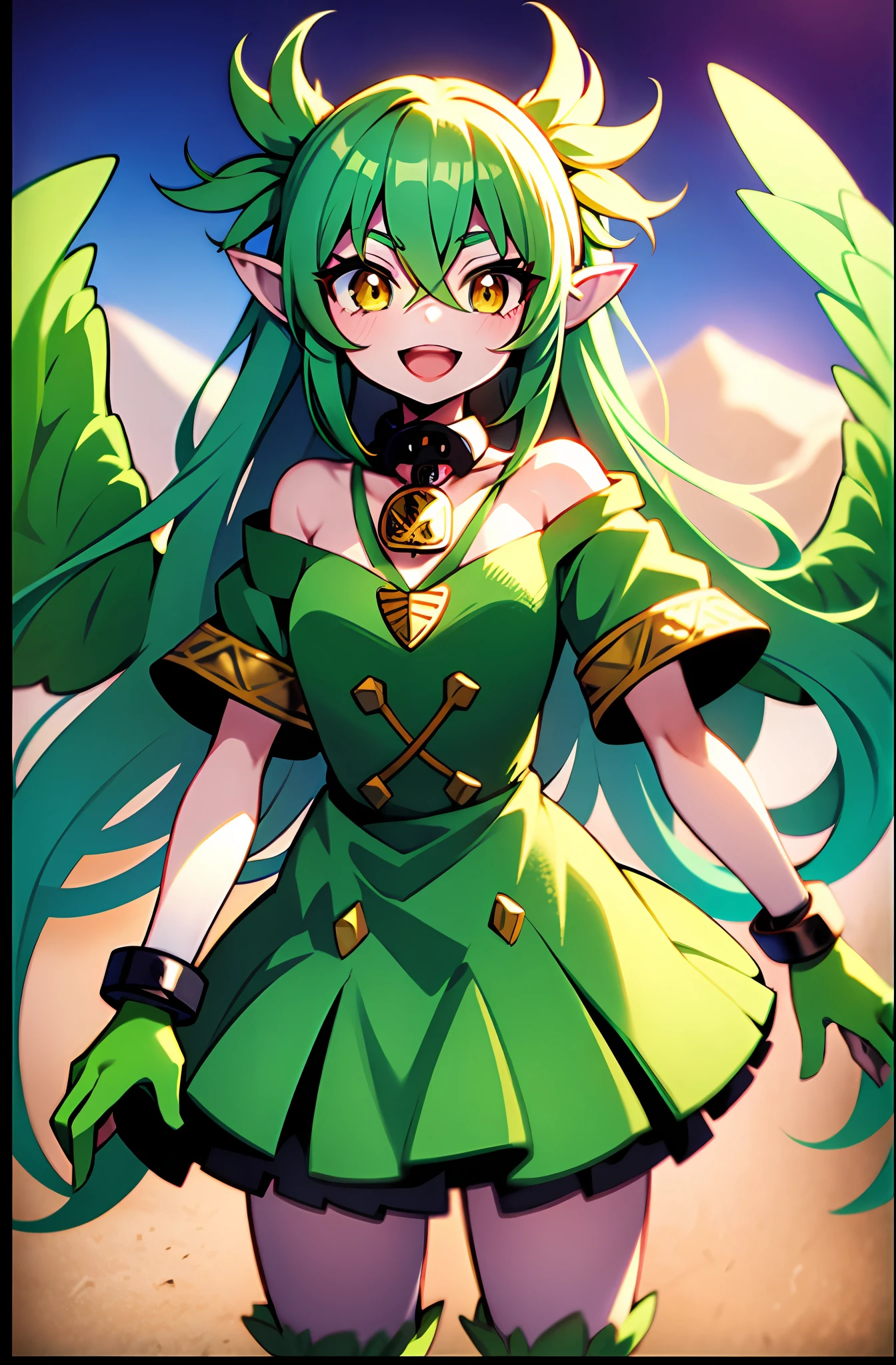 Anime fairy girl, long white hair, small green wings on her ears, big green wings on her back, green clothes on her hands, green gloves, yellow bracelets on her hands, ruby amulet around her neck, green dress, green robe with yellow border, green boots, big yellow eyes, smiles, open mouth, surprise, cute, beautiful, on a desert background, beautiful colors, saturated colors, beautiful shader, 4k, 3d, two legs